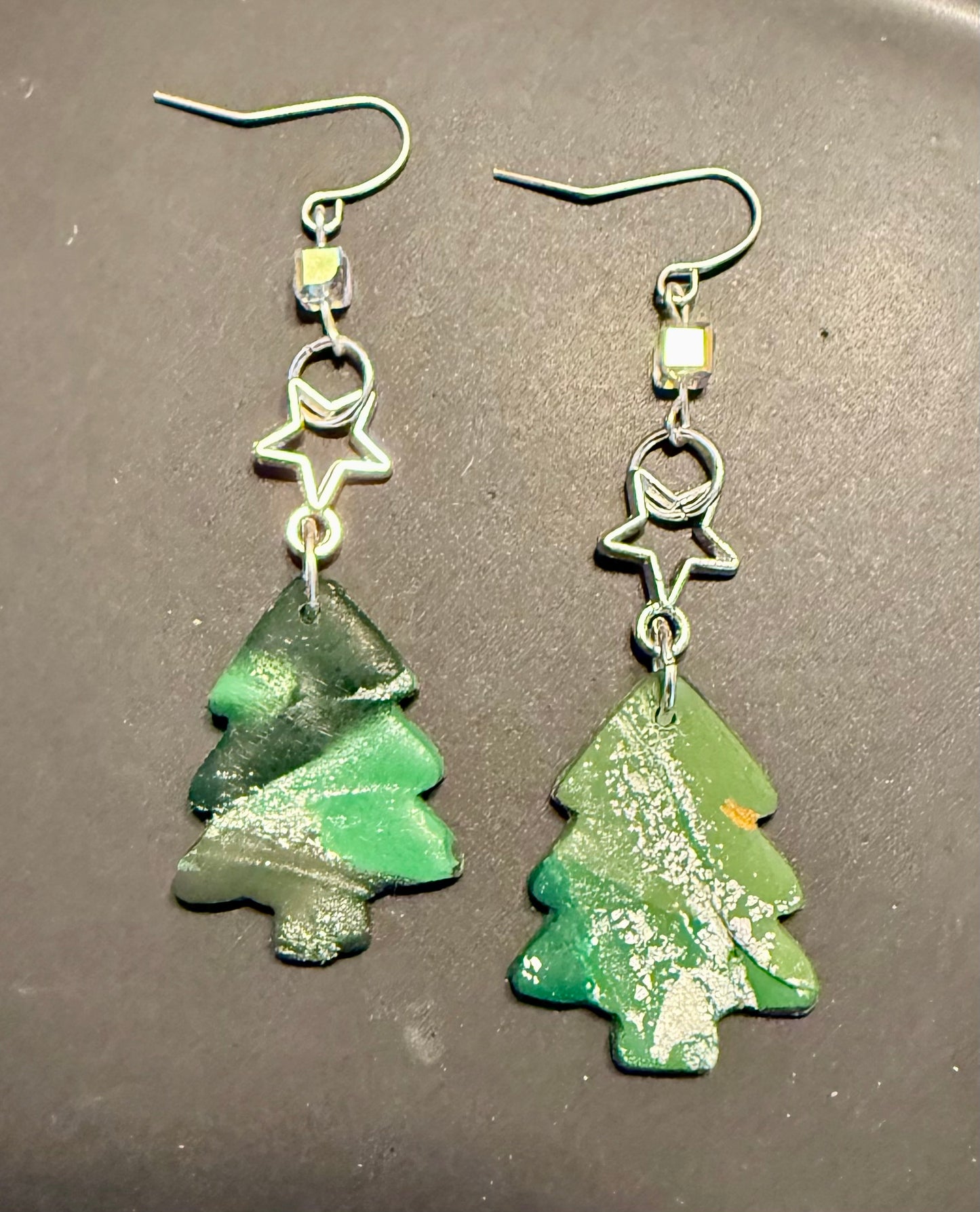 Polymer clay green christmas tree dangling earring with silver star charm clear bead and silver coated ear wire closure holiday gift idea for her