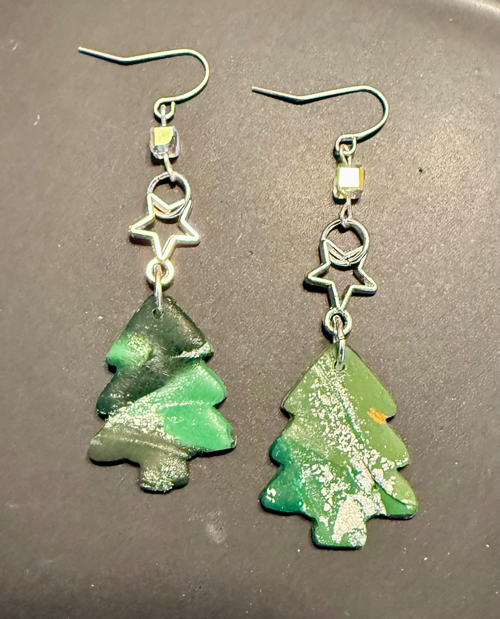 Polymer clay green christmas tree dangling earring with silver star charm clear bead and silver coated ear wire closure holiday gift idea for her
