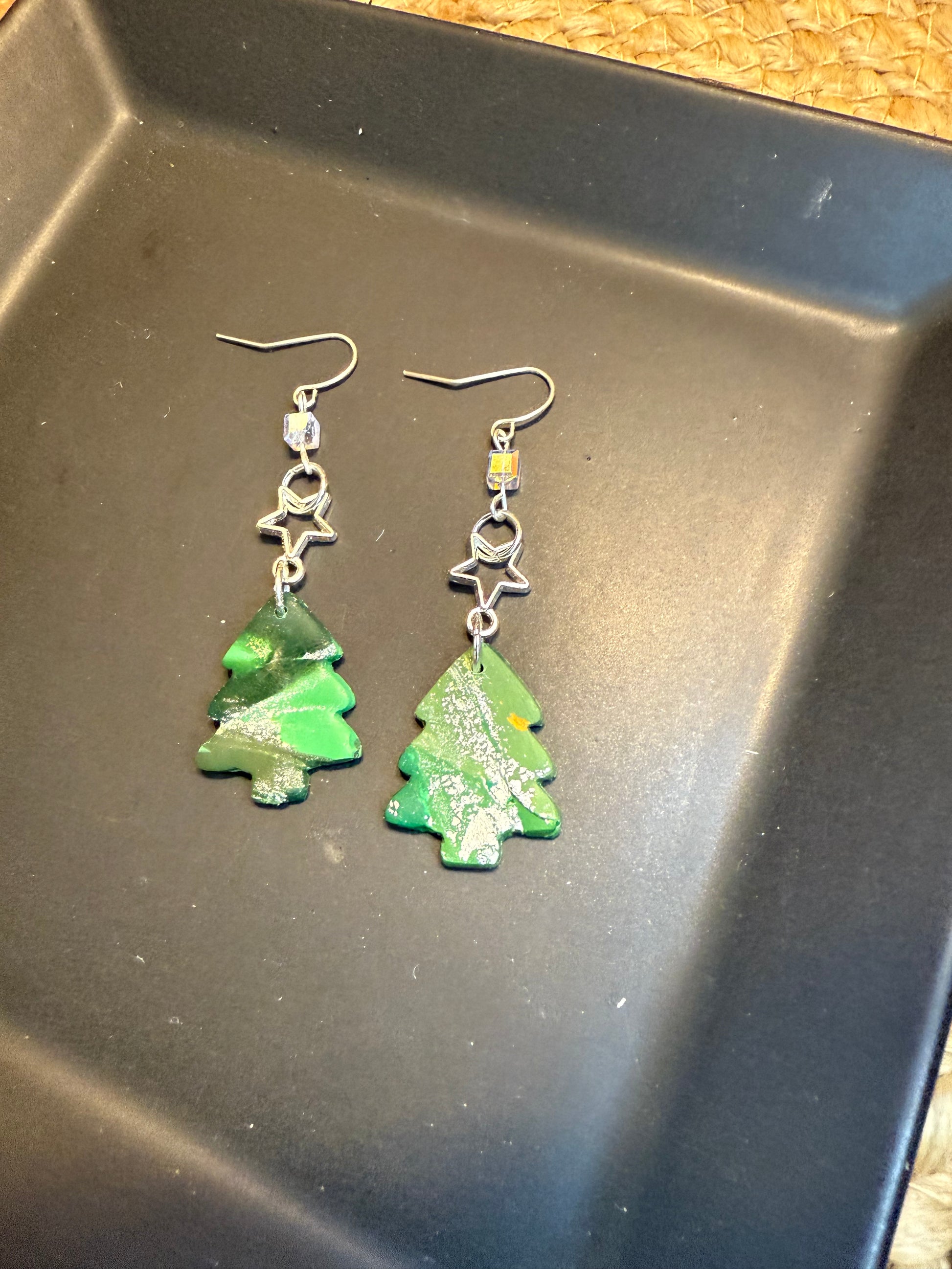 Polymer clay green christmas tree dangling earring with silver star charm clear bead and silver coated ear wire closure holiday gift idea for her