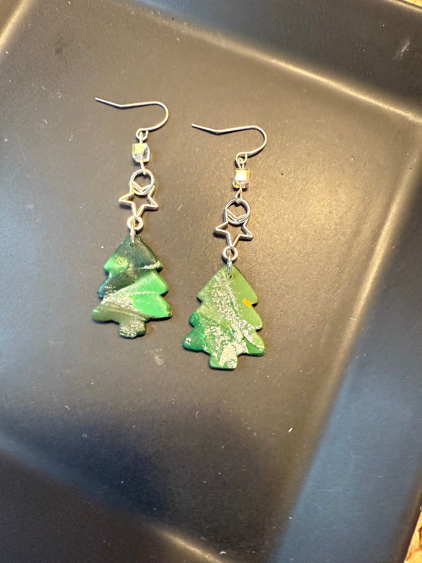 Polymer clay green christmas tree dangling earring with silver star charm clear bead and silver coated ear wire closure holiday gift idea for her