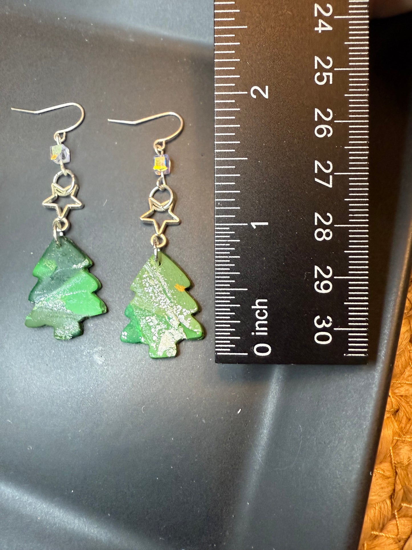 Polymer clay green christmas tree dangling earring with silver star charm clear bead and silver coated ear wire closure holiday gift idea for her