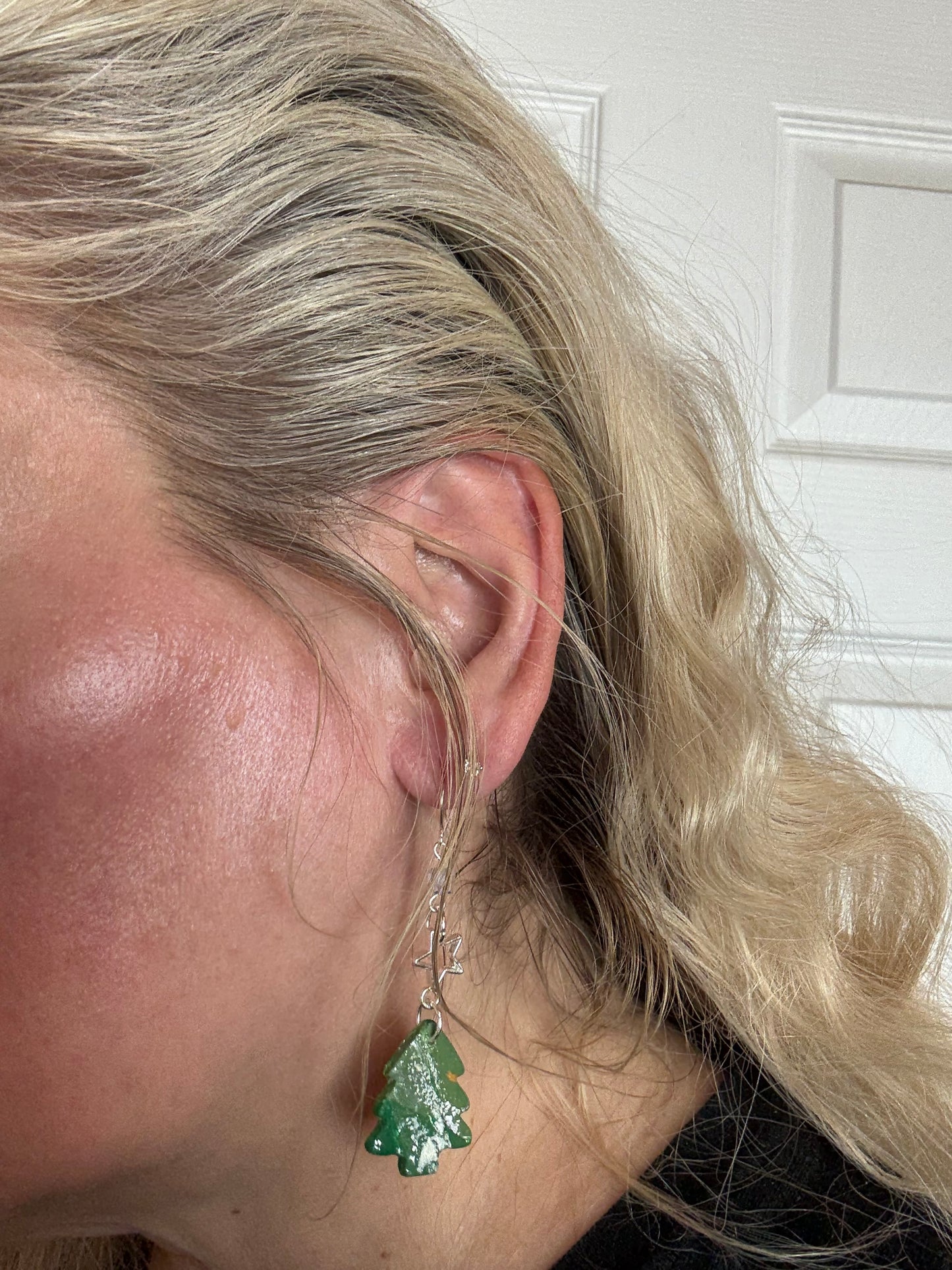 Polymer clay green christmas tree dangling earring with silver star charm clear bead and silver coated ear wire closure holiday gift idea for her