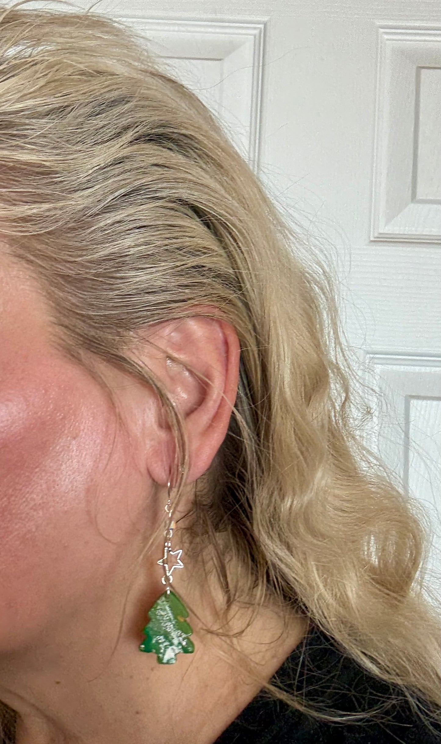 Polymer clay green christmas tree dangling earring with silver star charm clear bead and silver coated ear wire closure holiday gift idea for her