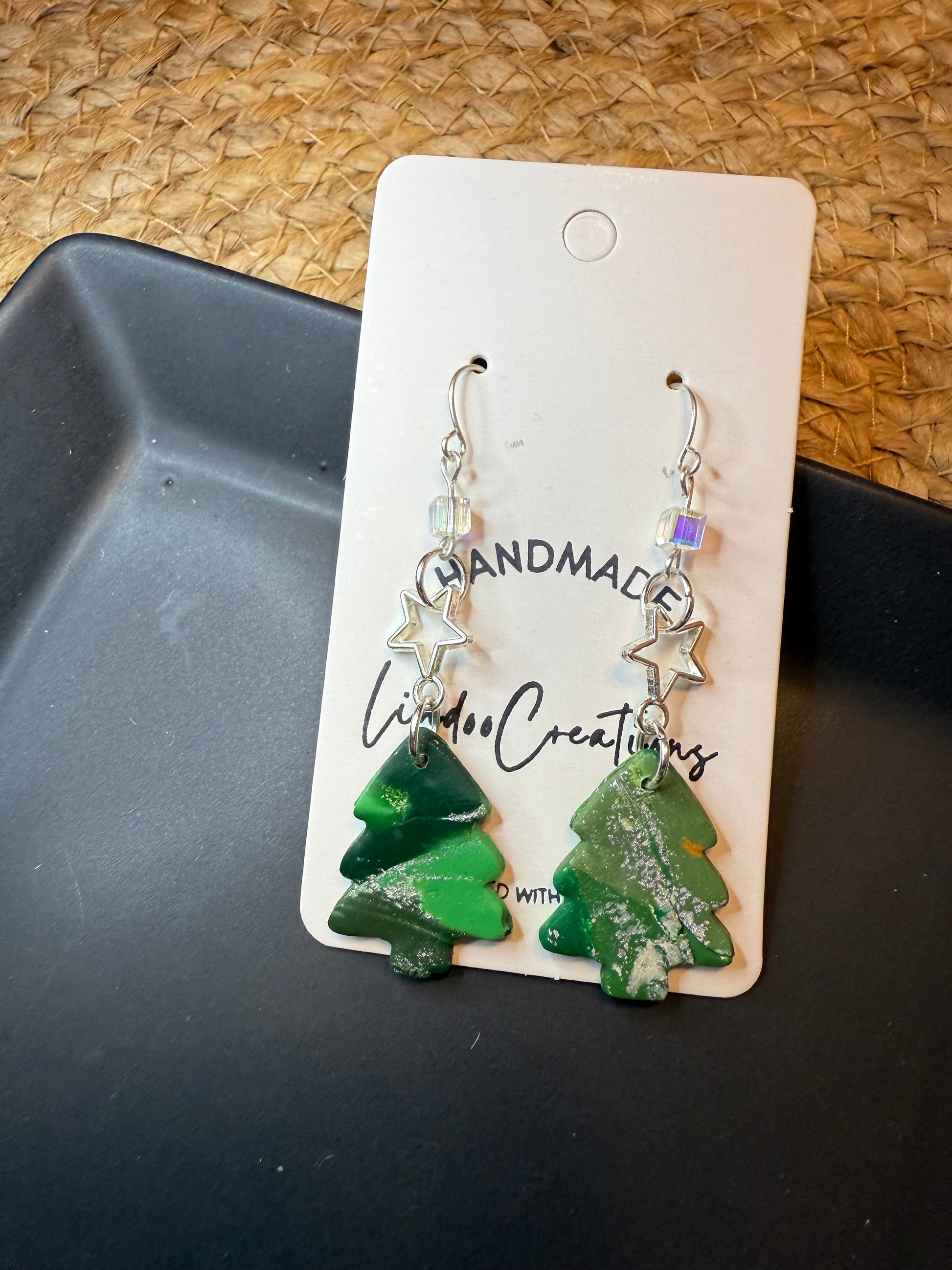 Polymer clay green christmas tree dangling earring with silver star charm clear bead and silver coated ear wire closure holiday gift idea for her
