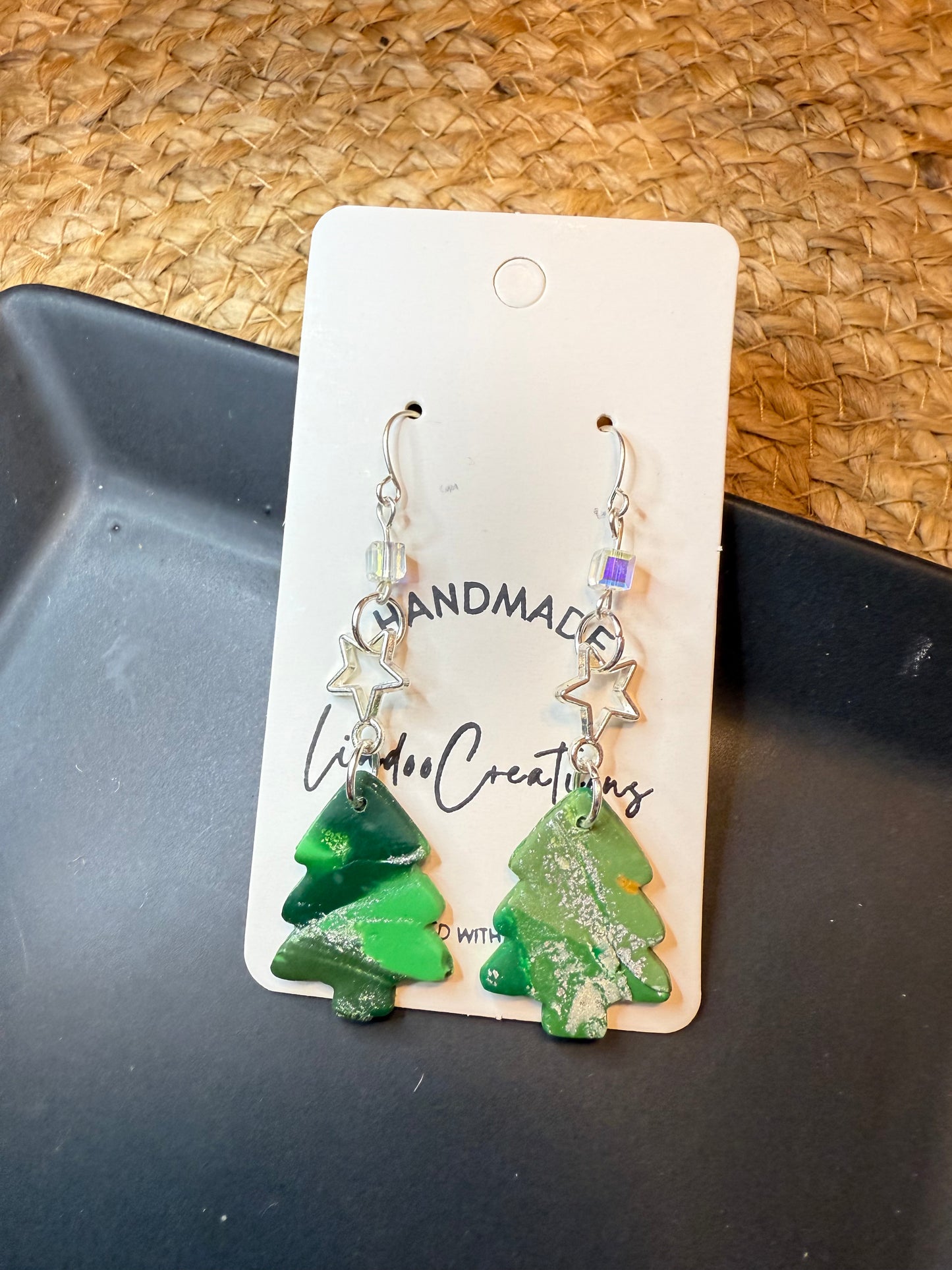 Polymer clay green christmas tree dangling earring with silver star charm clear bead and silver coated ear wire closure holiday gift idea for her
