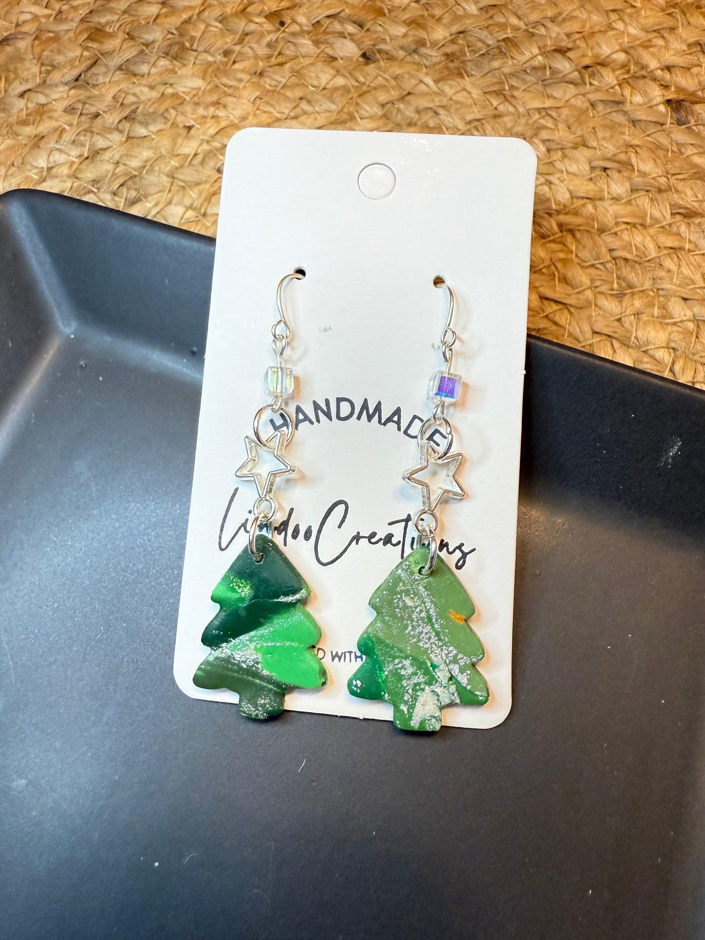 Polymer clay green christmas tree dangling earring with silver star charm clear bead and silver coated ear wire closure holiday gift idea for her
