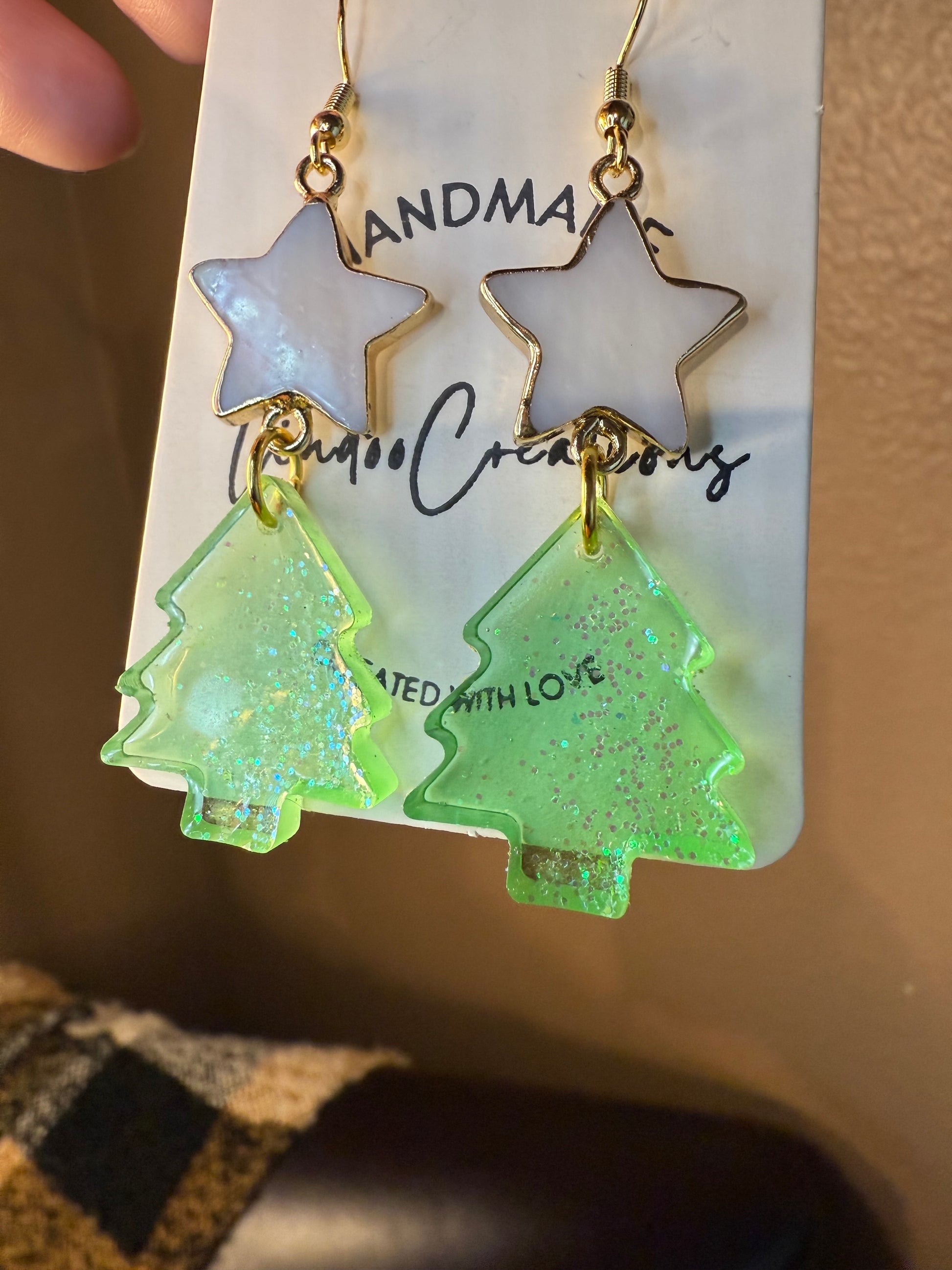 Resin green christmas tree dangling earring with sparkles white enamel star charm gold coated ear wire closure holiday gift idea for her