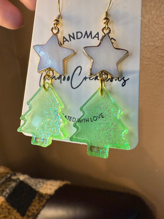 Resin green christmas tree dangling earring with sparkles white enamel star charm gold coated ear wire closure holiday gift idea for her