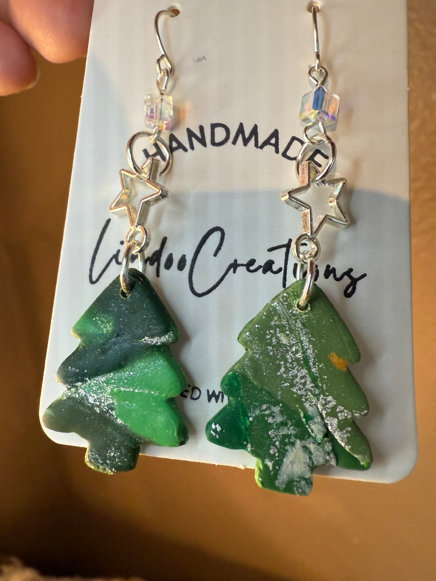Polymer clay green christmas tree dangling earring with silver star charm clear bead and silver coated ear wire closure holiday gift idea for her