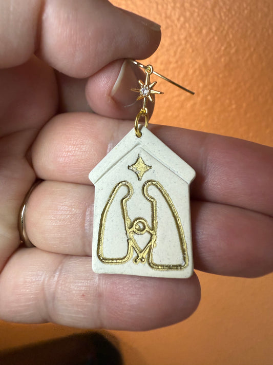 Boucles d’oreilles en argile flocon de neige blanc scintillant/vacances légères/Noël/Hiver/goujon de flocon de neige doré