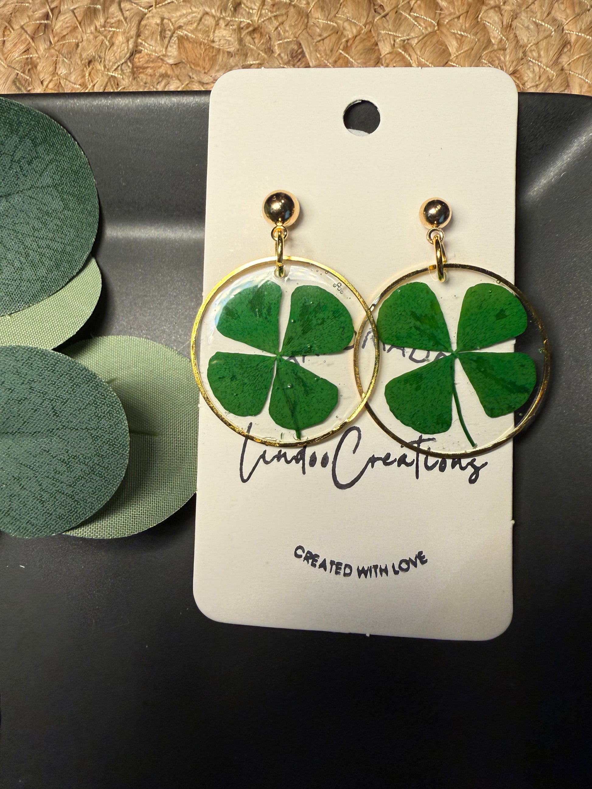 Green four leaf clover shamrock lucky Irish earrings in resin St Patricks day lightweight floral leaf handmade earrings gold or silver circle and stud pushback closure 1 inch long