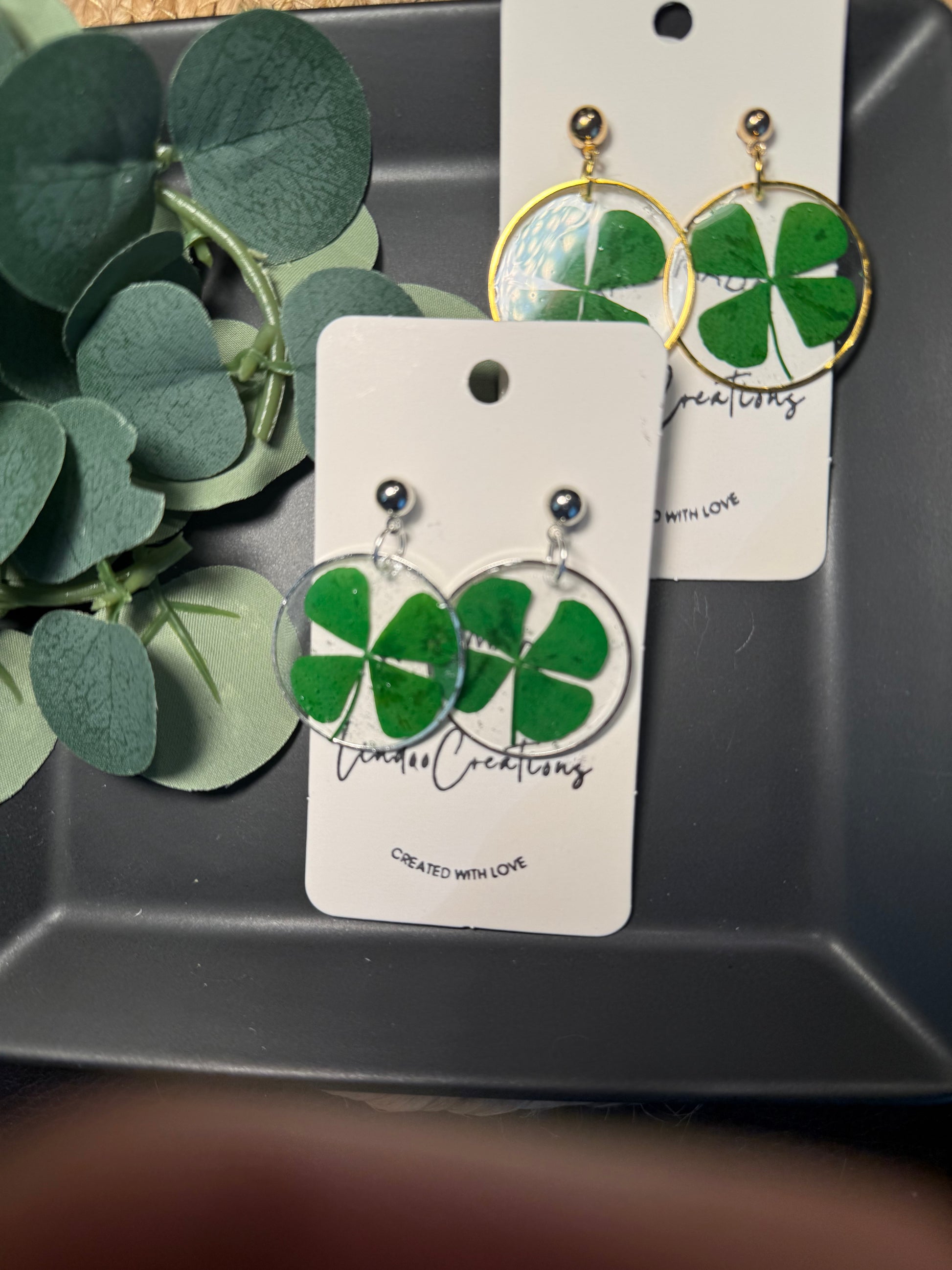 Green four leaf clover shamrock lucky Irish earrings in resin St Patricks day lightweight floral leaf handmade earrings gold or silver circle and stud pushback closure 1 inch long