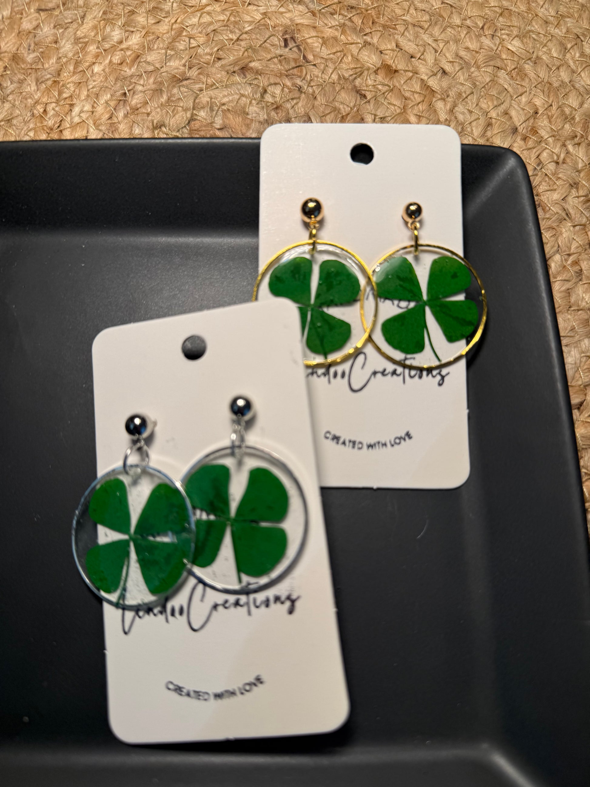 Green four leaf clover shamrock lucky Irish earrings in resin St Patricks day lightweight floral leaf handmade earrings gold or silver circle and stud pushback closure 1 inch long
