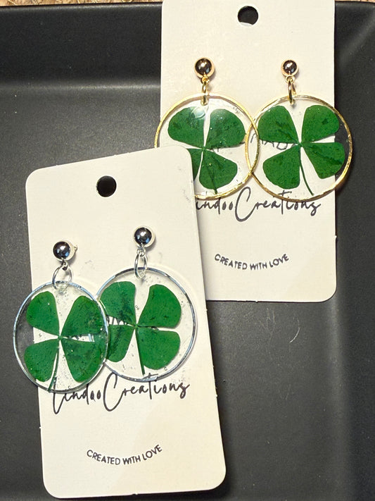 Green four leaf clover shamrock lucky Irish earrings in resin St Patricks day lightweight floral leaf handmade earrings gold or silver circle and stud pushback closure 1 inch long