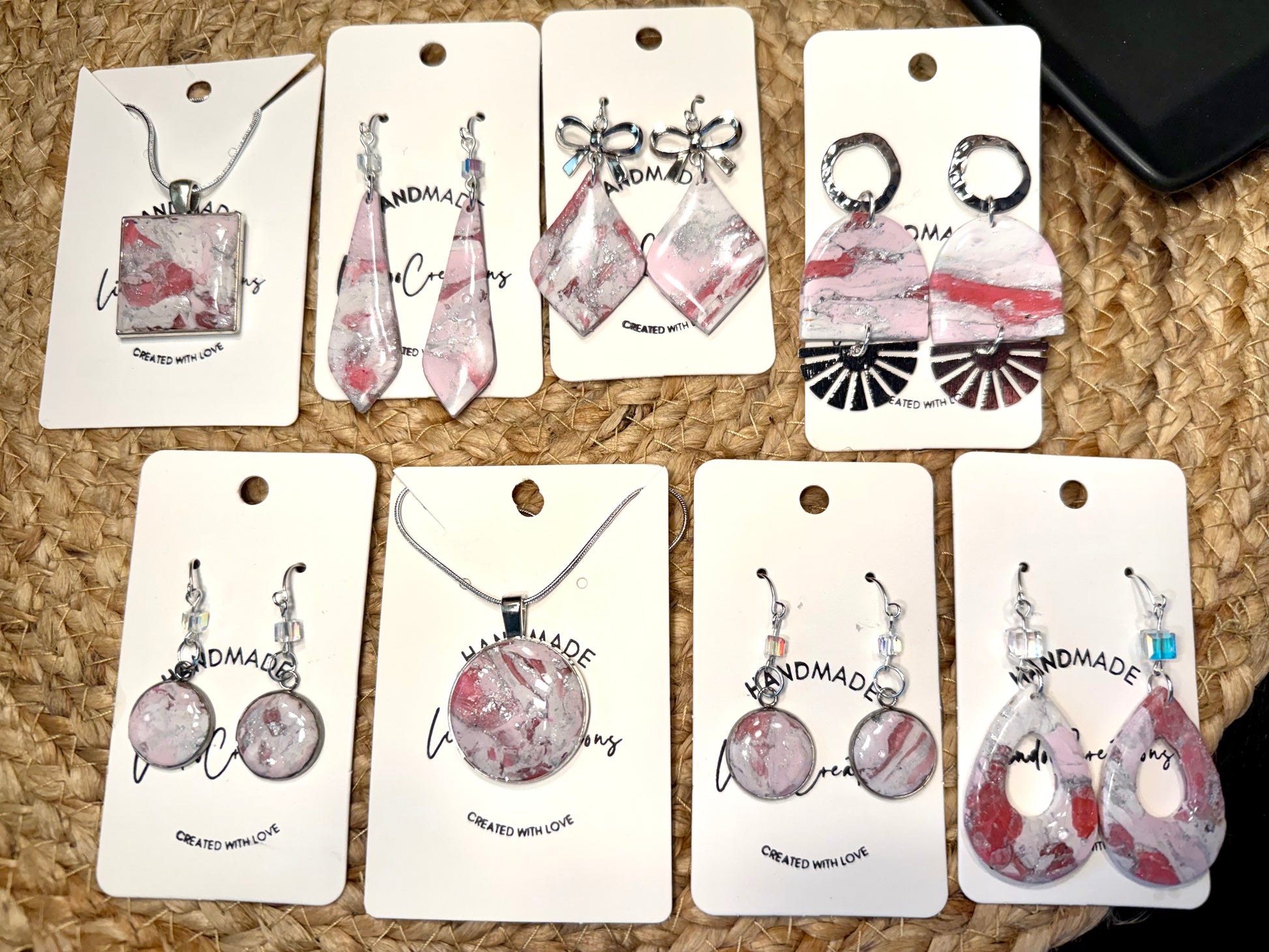 pink marble polymer clay earrings lightweight handmade stylish gift for her silver accents crystal bead accent silver wire hooks