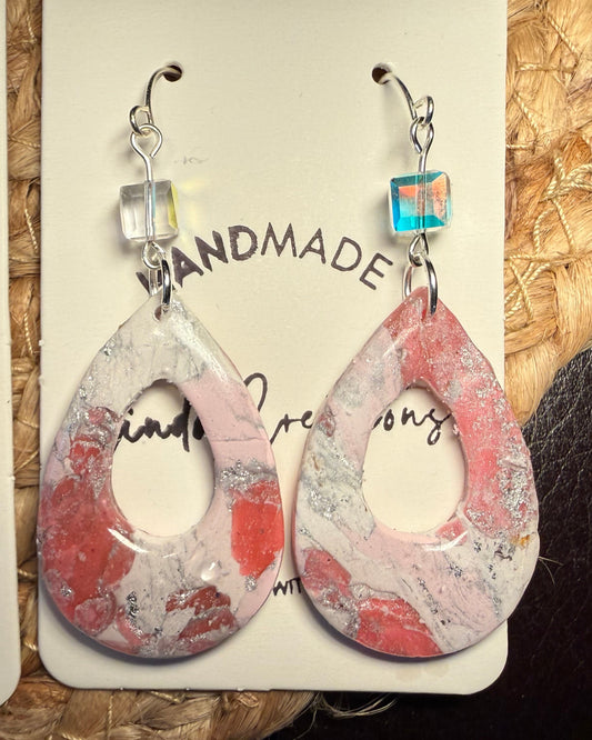 Pink marble long dangle Clay Dangle Earrings: Silver Accents,  crystal bead accent Handmade Statement Jewelry