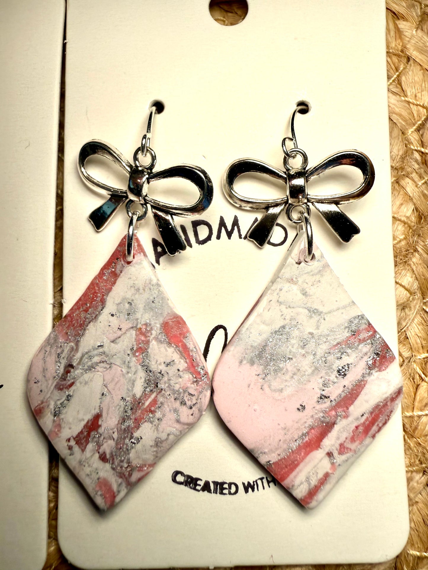 Pink marble bold Clay Dangle Earrings: Silver Bow Accents,  Handmade Statement Jewelry