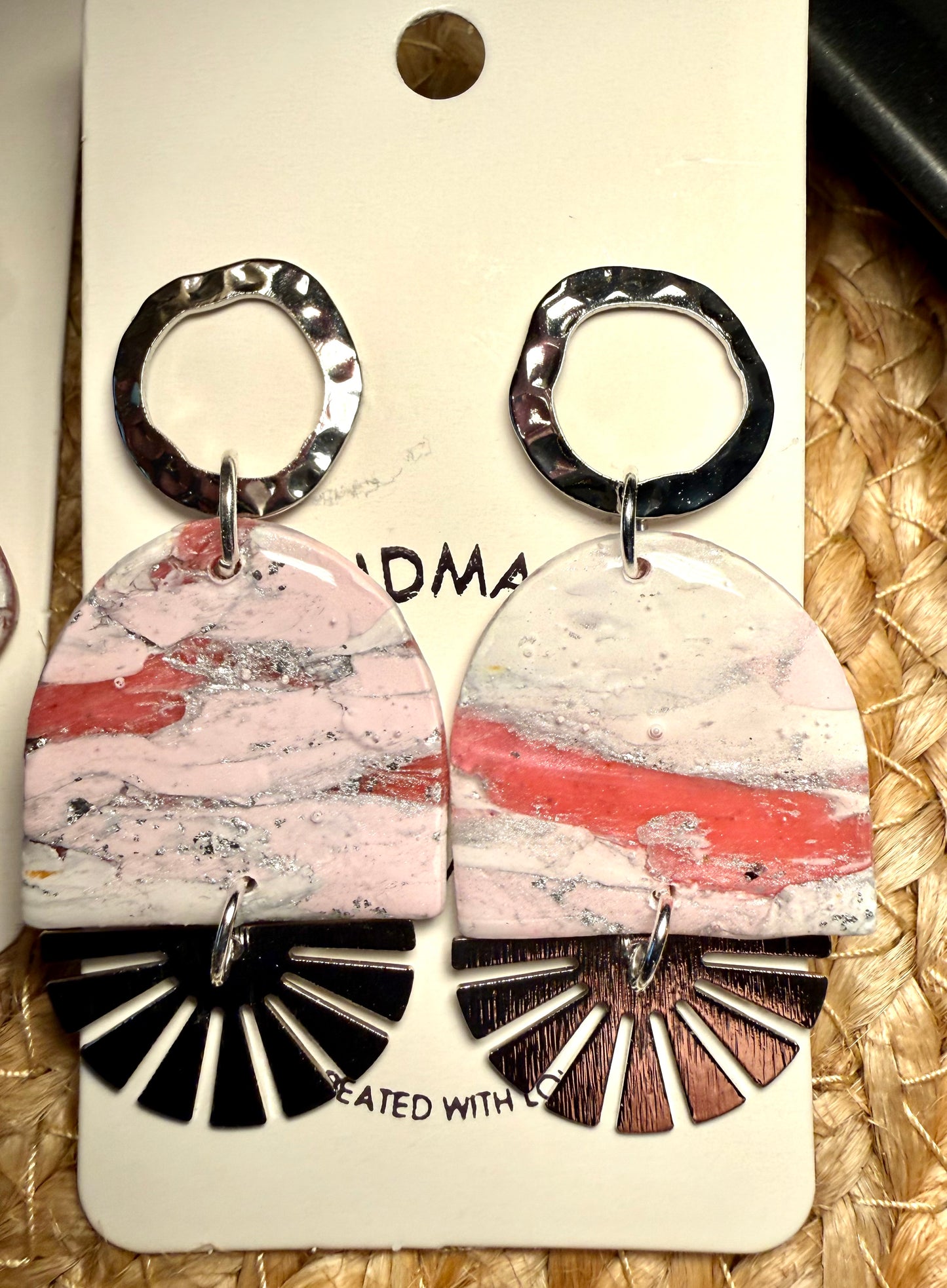 Pink marble bold Clay Dangle Earrings: Silver fan Accents,  Handmade Statement Jewelry