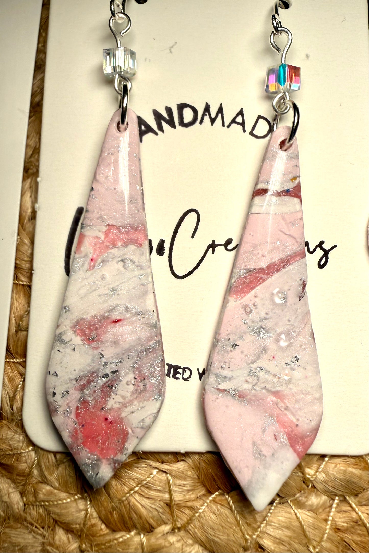 Pink marble long dangle Clay Dangle Earrings: Silver Accents,  crystal bead accent Handmade Statement Jewelry