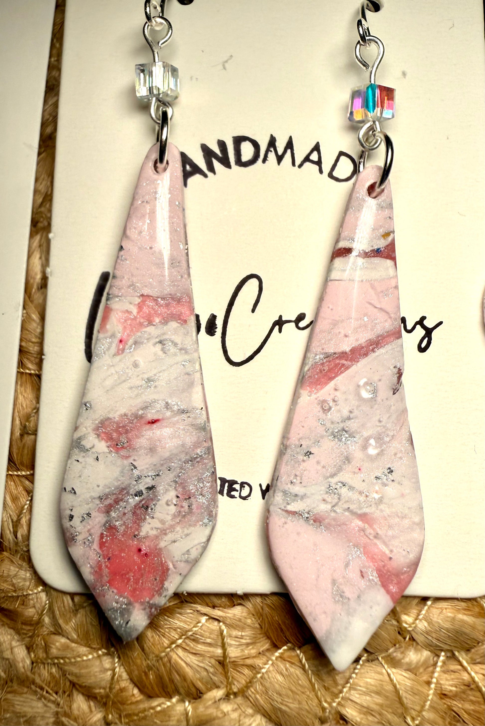 Pink marble long dangle Clay Dangle Earrings: Silver Accents,  crystal bead accent Handmade Statement Jewelry