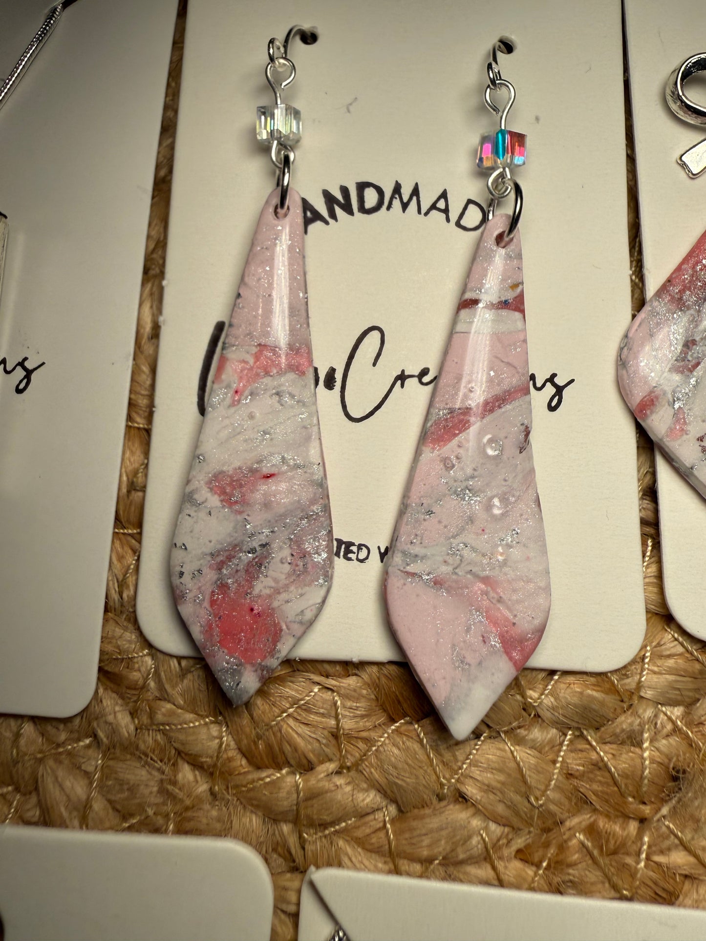 Pink marble long dangle Clay Dangle Earrings: Silver Accents,  crystal bead accent Handmade Statement Jewelry