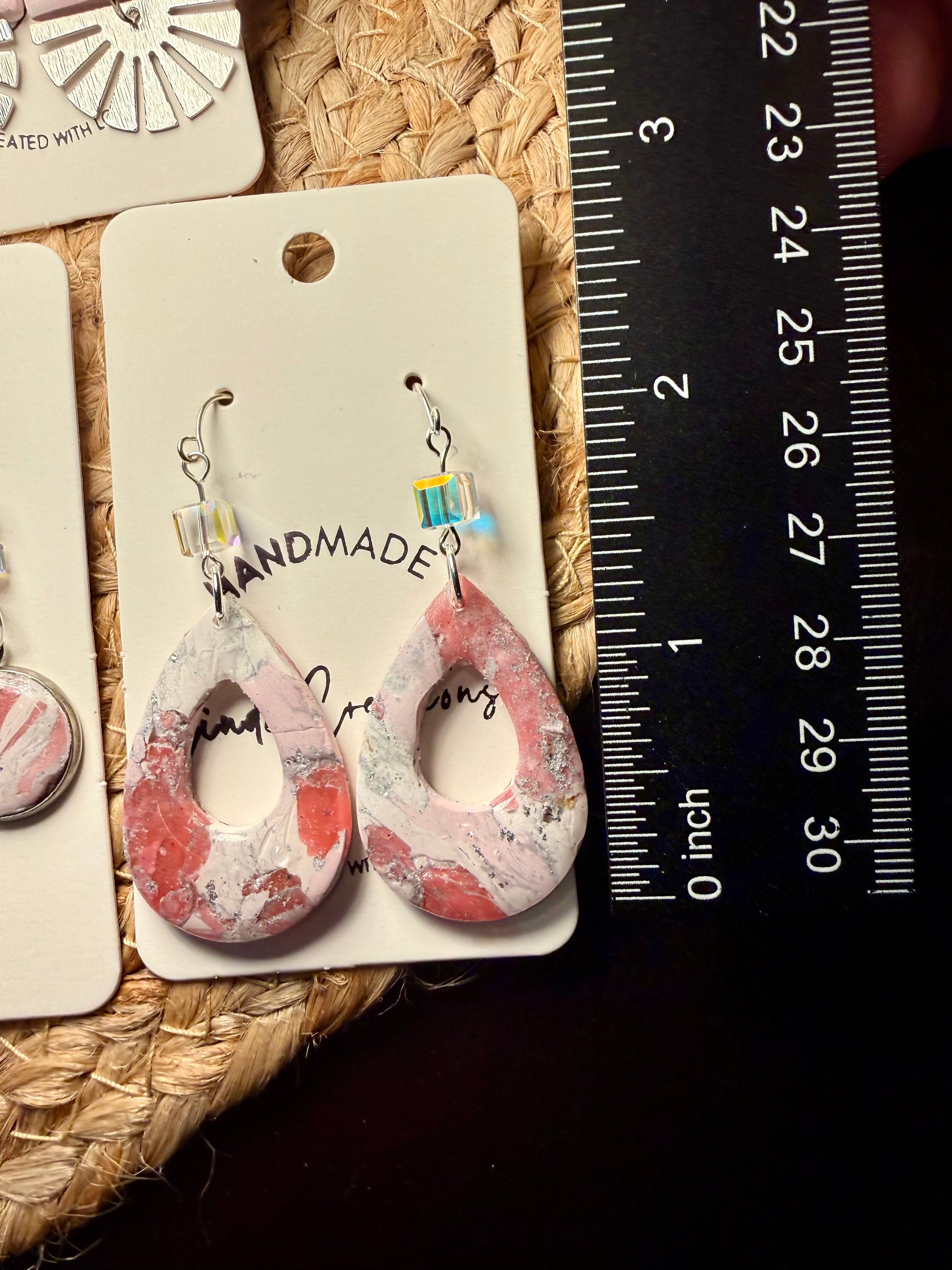 Pink marble long dangle Clay Dangle Earrings: Silver Accents,  crystal bead accent Handmade Statement Jewelry