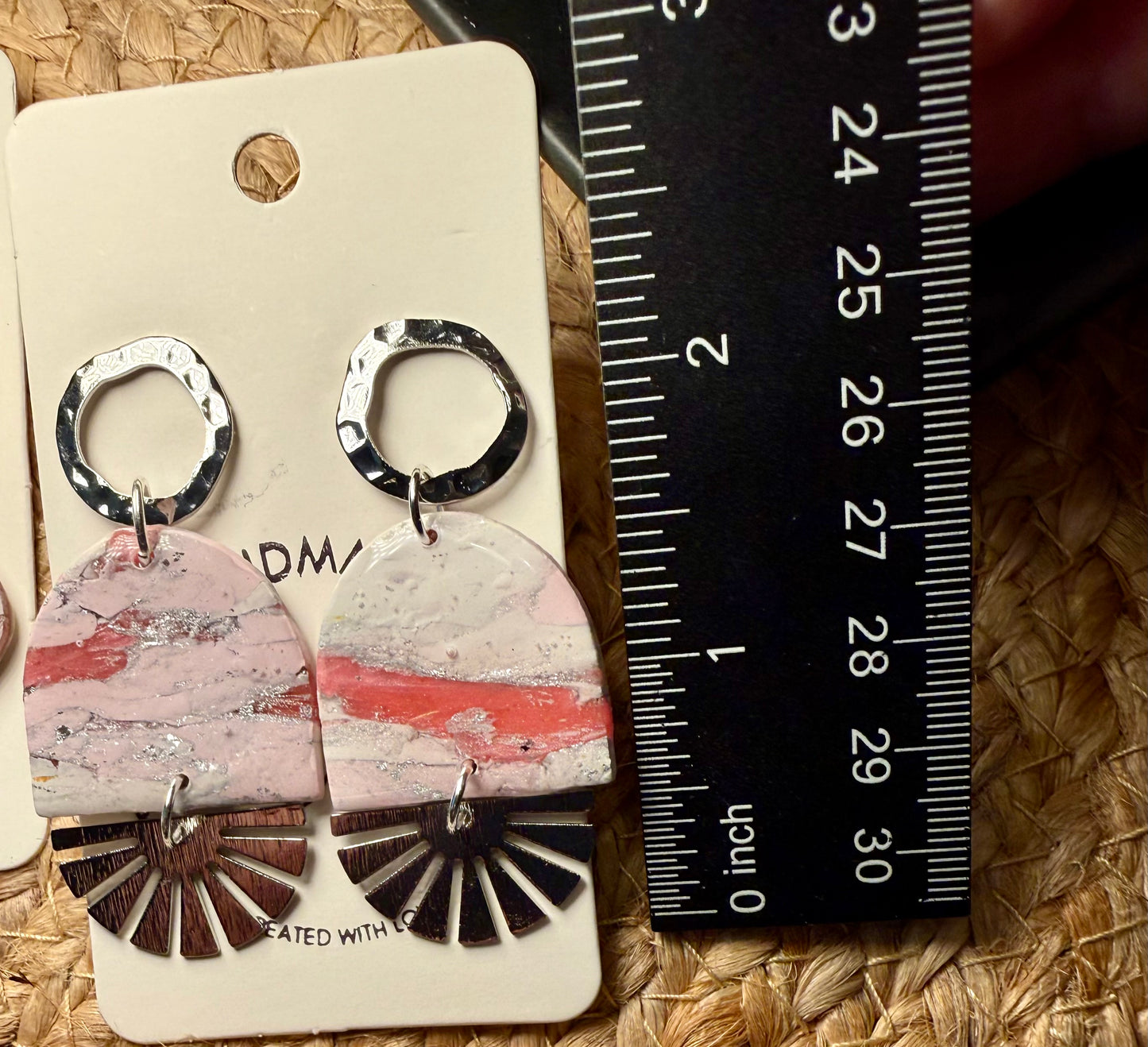 Pink marble bold Clay Dangle Earrings: Silver fan Accents,  Handmade Statement Jewelry
