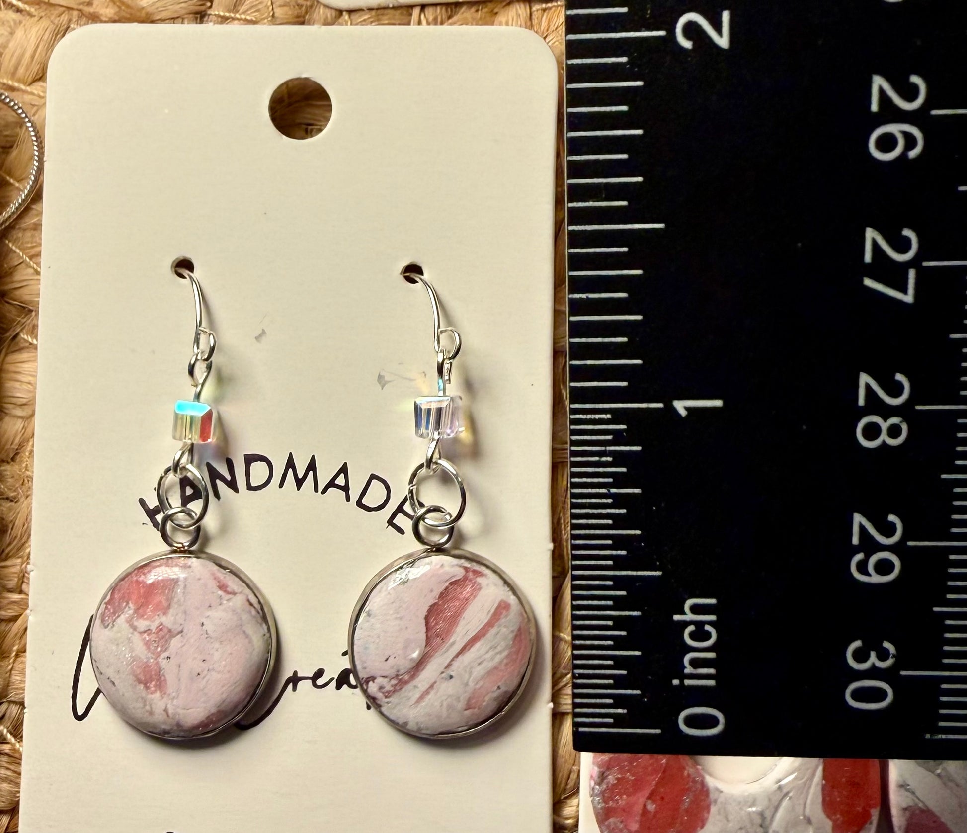 pink marble polymer clay earrings lightweight handmade stylish gift for her silver accents crystal bead accent silver wire hooks