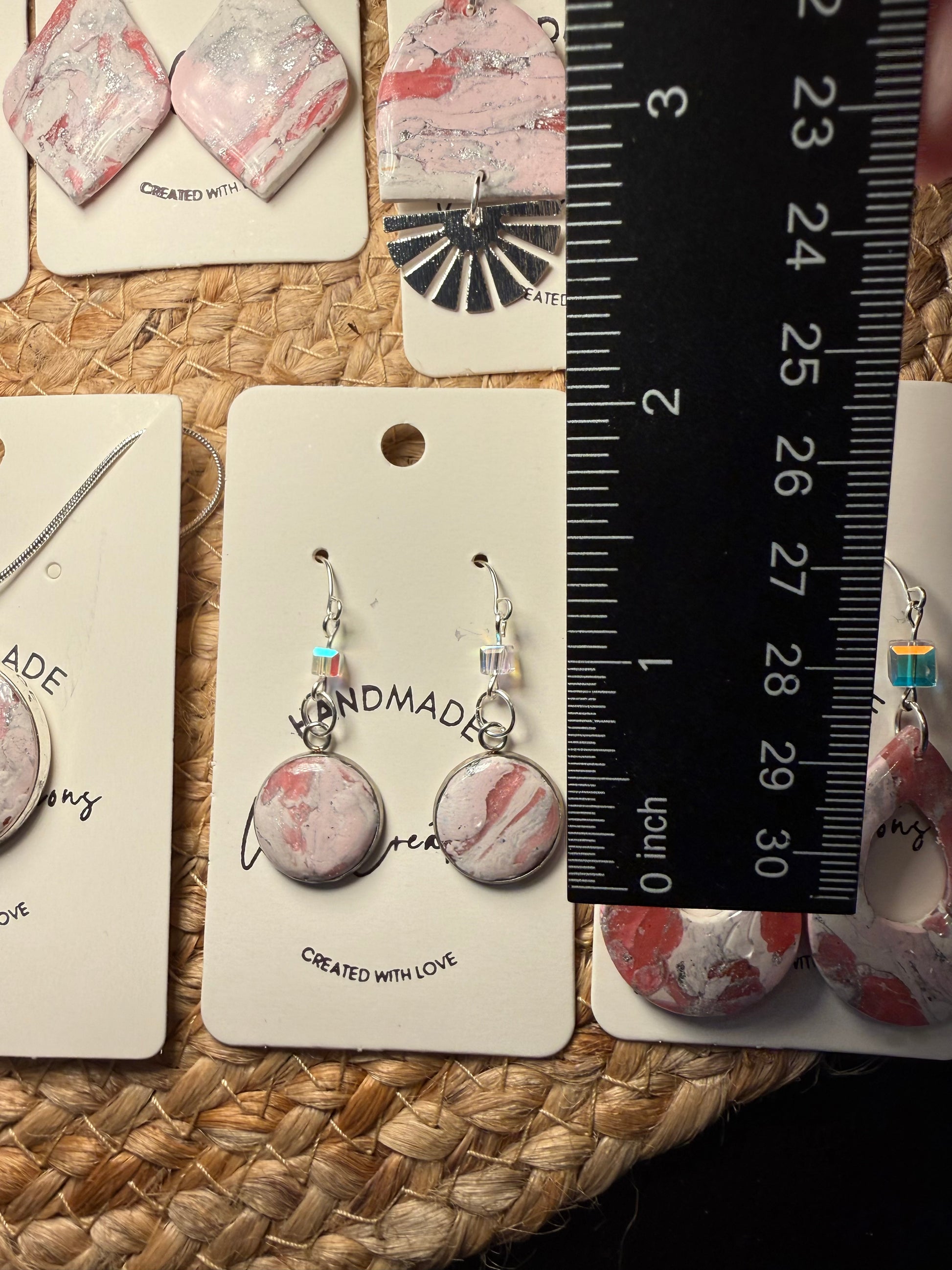 Pink marble small petite Clay Dangle Earrings: Silver Accents, Handmade Statement Jewelry