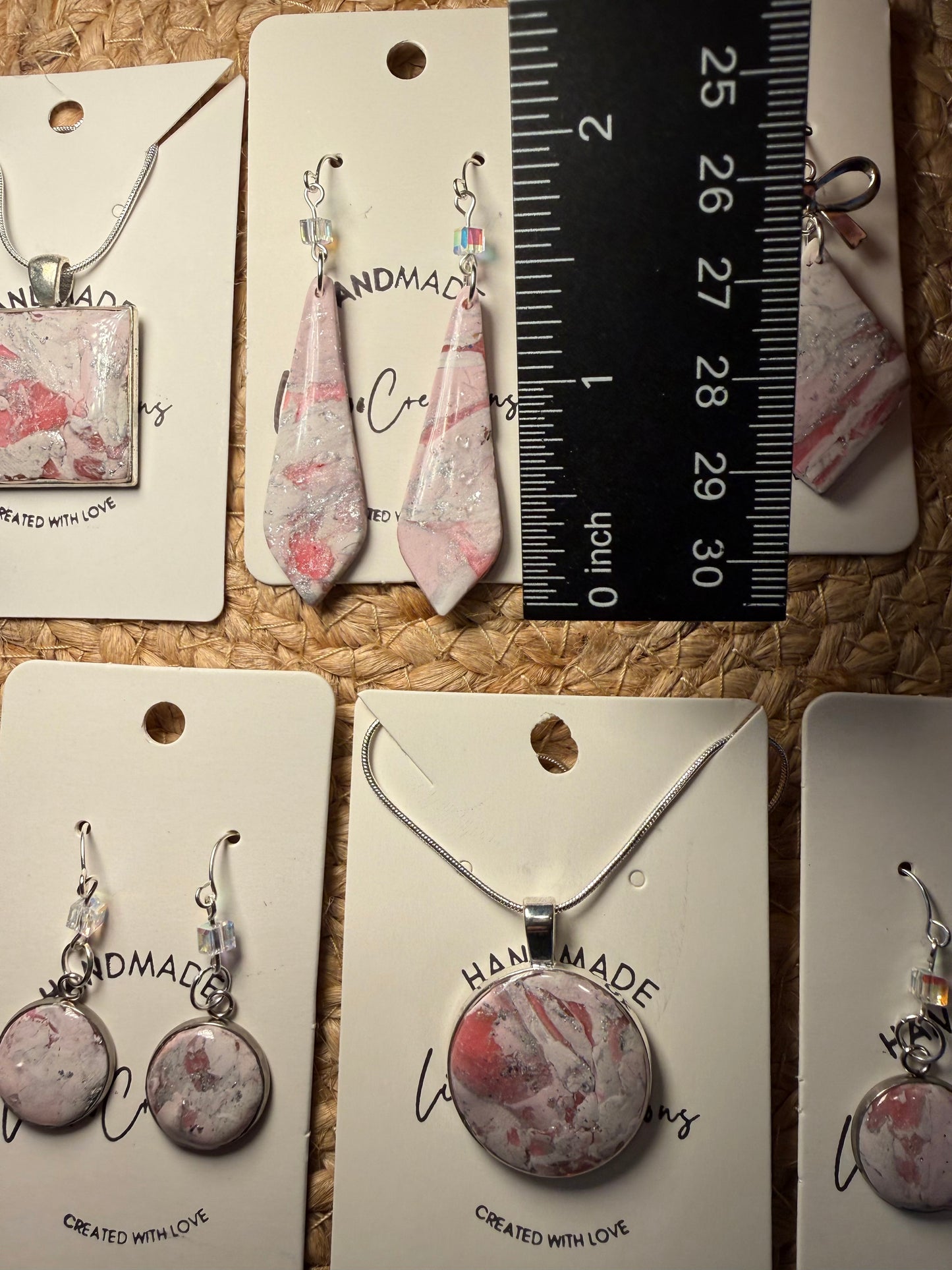 Pink marble long dangle Clay Dangle Earrings: Silver Accents,  crystal bead accent Handmade Statement Jewelry