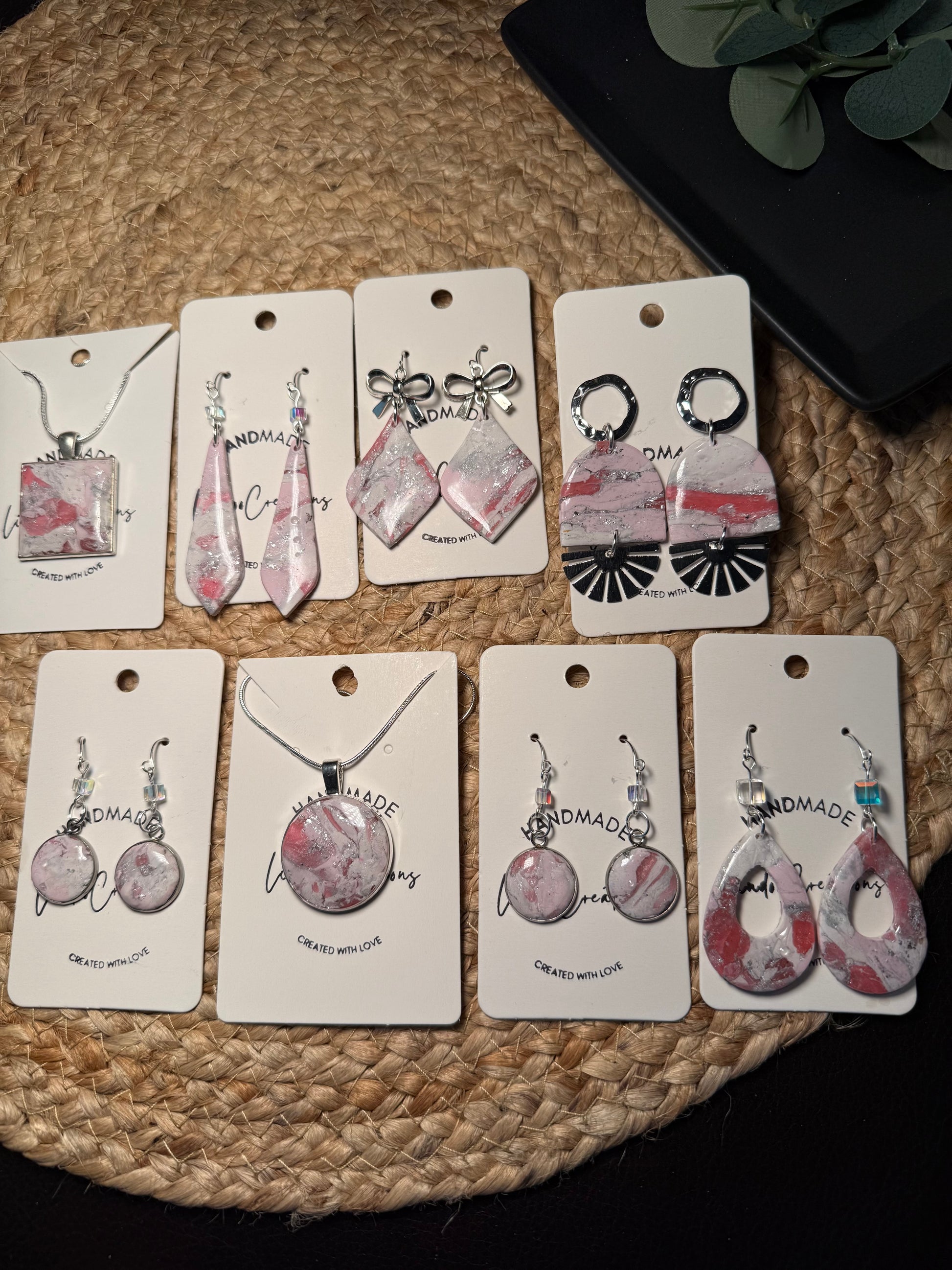 Pink marble small petite Clay Dangle Earrings: Silver Accents, Handmade Statement Jewelry