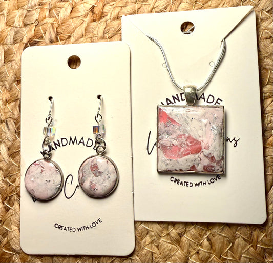 necklace and earring set pink marble polymer clay earrings lightweight handmade stylish gift for her silver accents crystal bead accent silver wire hooks