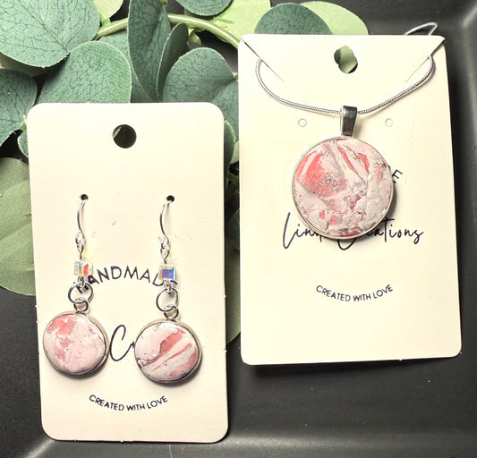 jewelry set pink marble polymer clay earrings lightweight handmade stylish gift for her silver accents crystal bead accent silver wire hooks