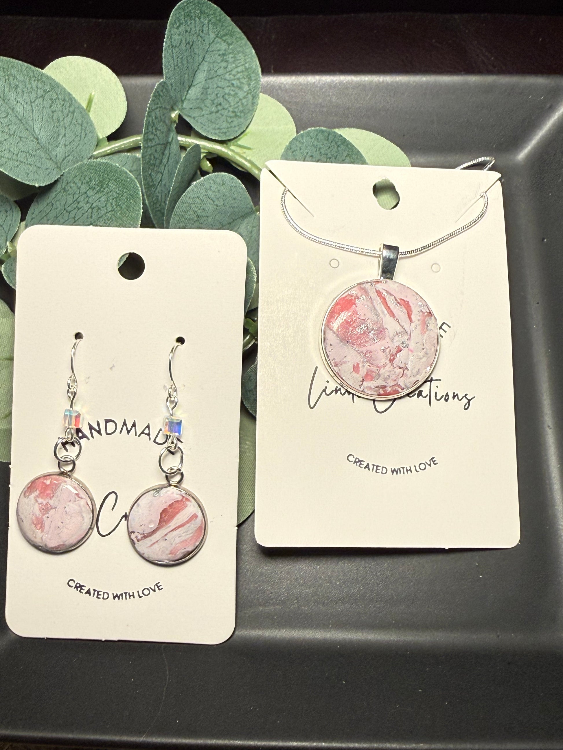 set necklace and earrings pink marble polymer clay earrings lightweight handmade stylish gift for her silver accents crystal bead accent silver wire hooks