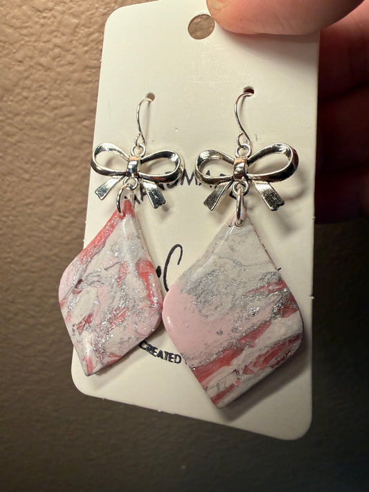 Pink marble bold Clay Dangle Earrings: Silver Bow Accents,  Handmade Statement Jewelry