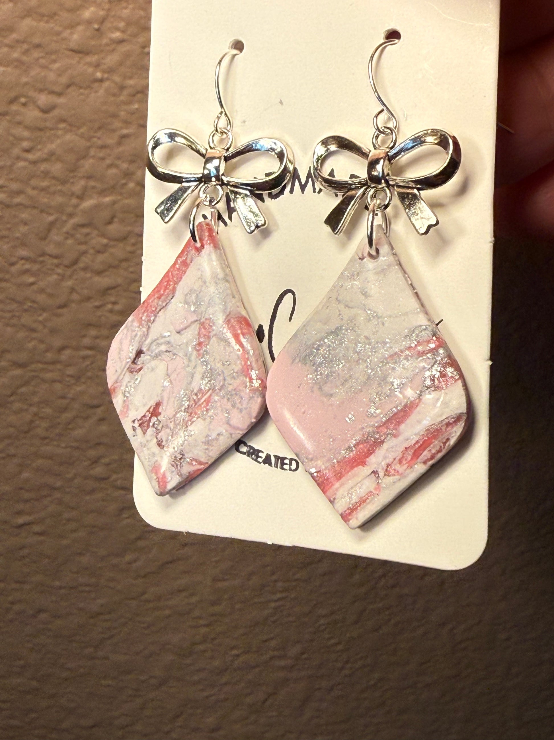 Pink marble bold Clay Dangle Earrings: Silver Bow Accents,  Handmade Statement Jewelry