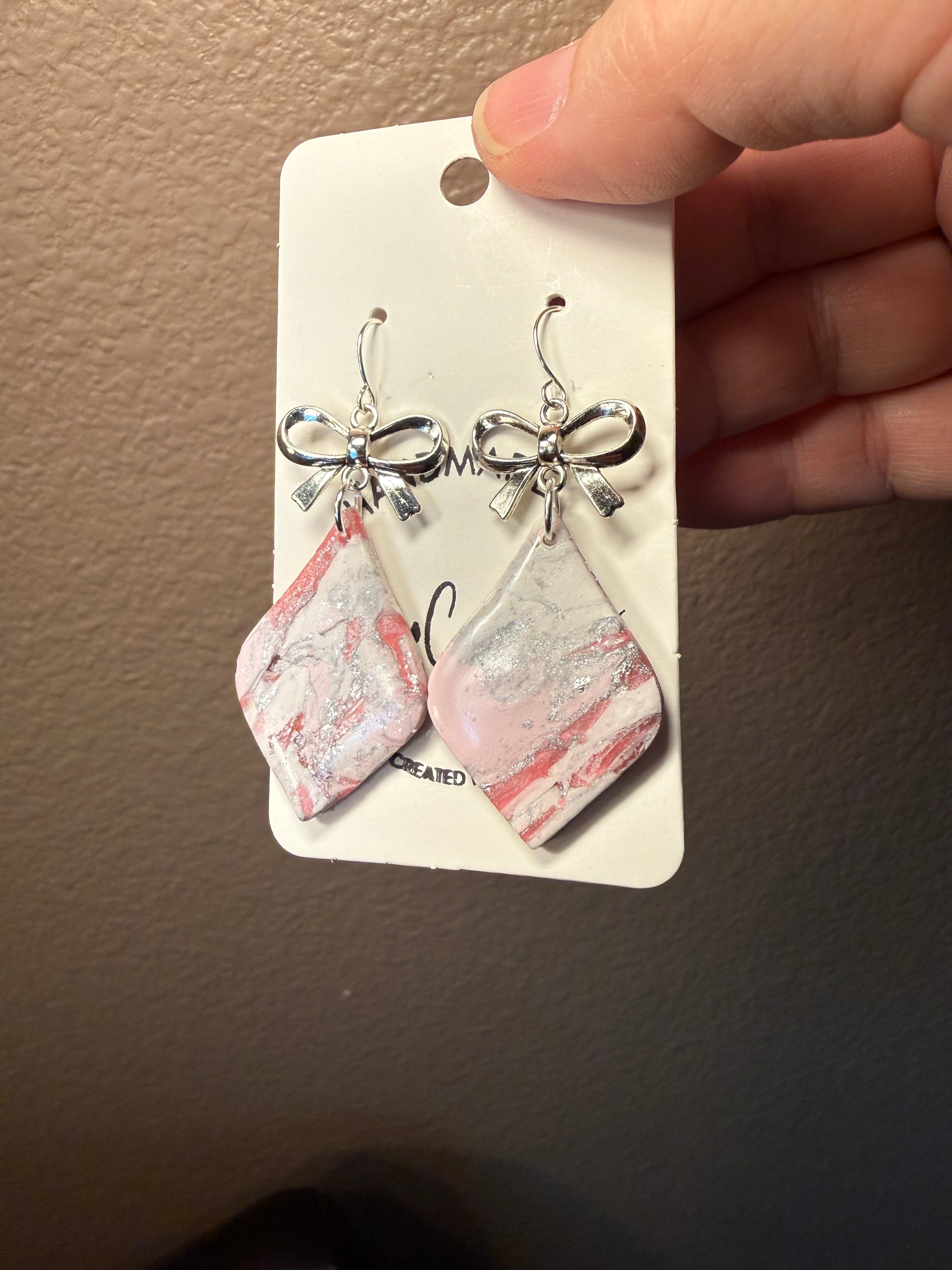 Pink marble bold Clay Dangle Earrings: Silver Bow Accents,  Handmade Statement Jewelry