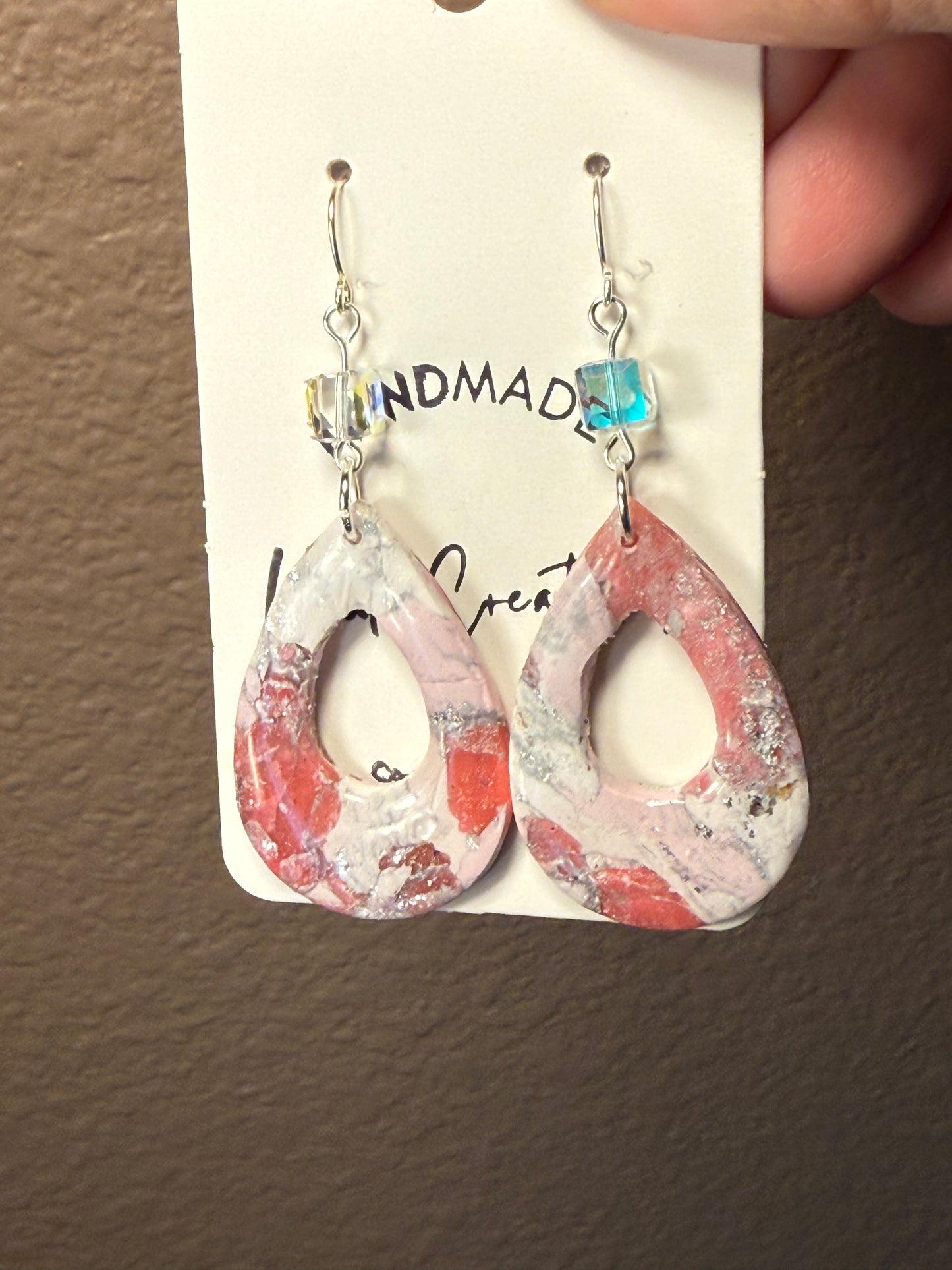 Pink marble long dangle Clay Dangle Earrings: Silver Accents,  crystal bead accent Handmade Statement Jewelry