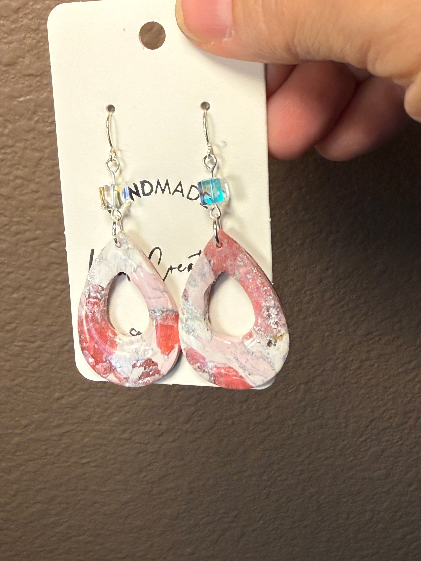 Pink marble long dangle Clay Dangle Earrings: Silver Accents,  crystal bead accent Handmade Statement Jewelry
