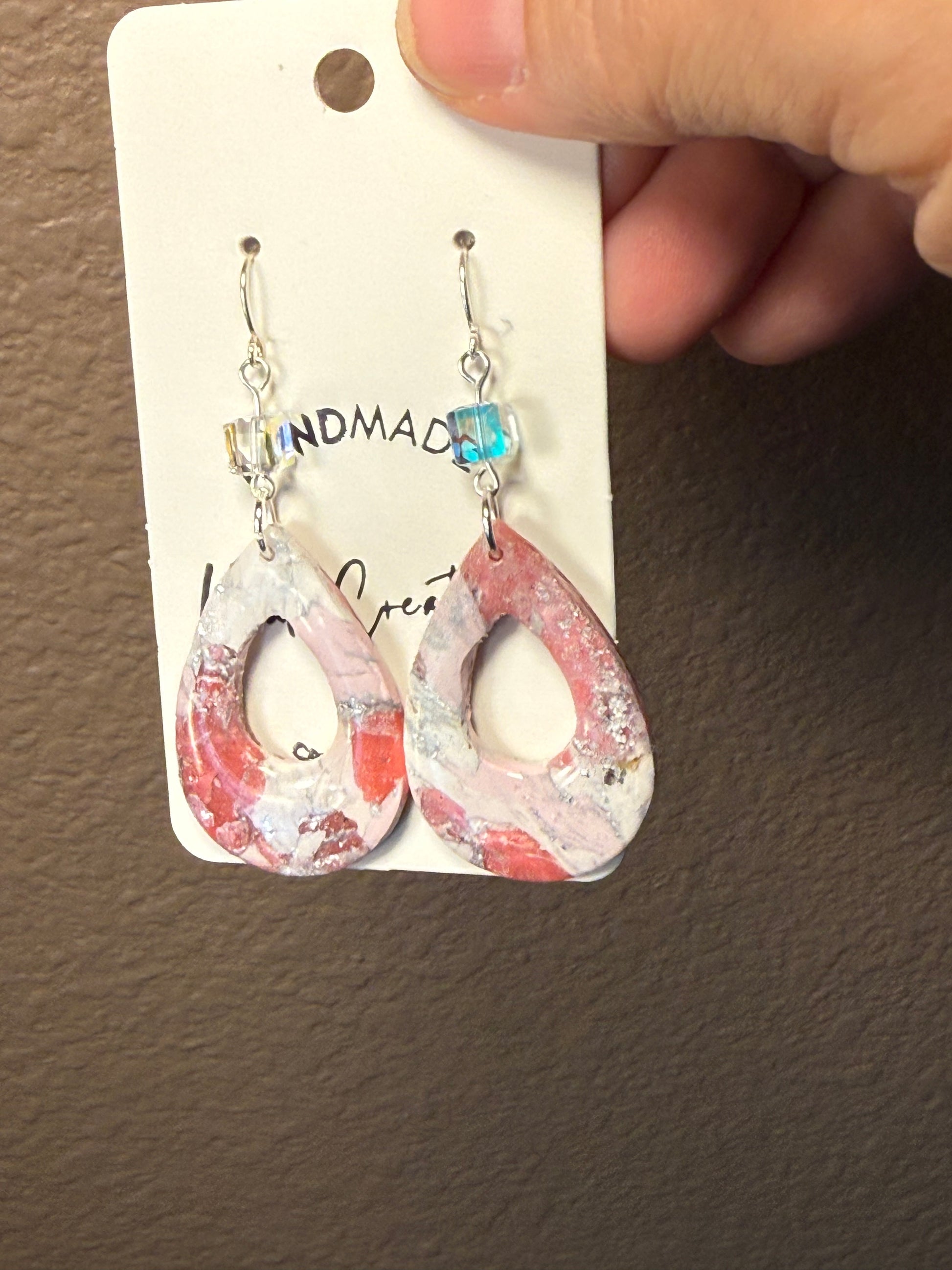 Pink marble long dangle Clay Dangle Earrings: Silver Accents,  crystal bead accent Handmade Statement Jewelry