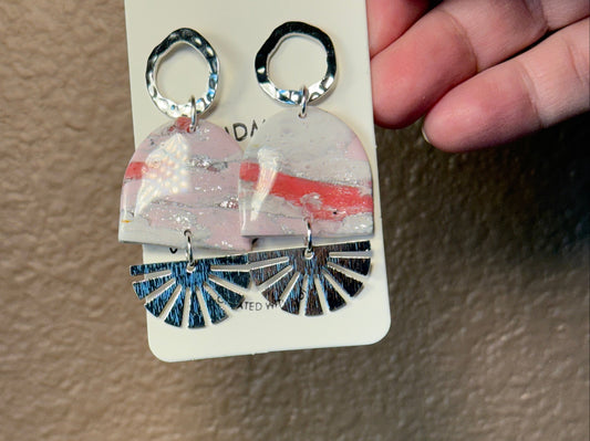 Pink marble bold Clay Dangle Earrings: Silver fan Accents,  Handmade Statement Jewelry