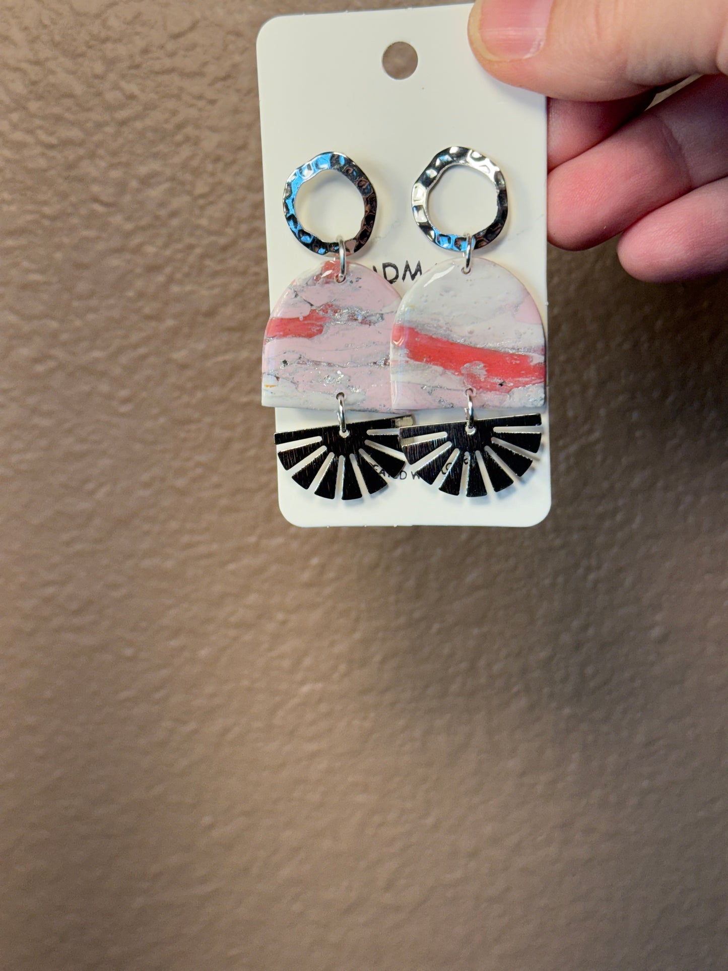 Pink marble bold Clay Dangle Earrings: Silver fan Accents,  Handmade Statement Jewelry