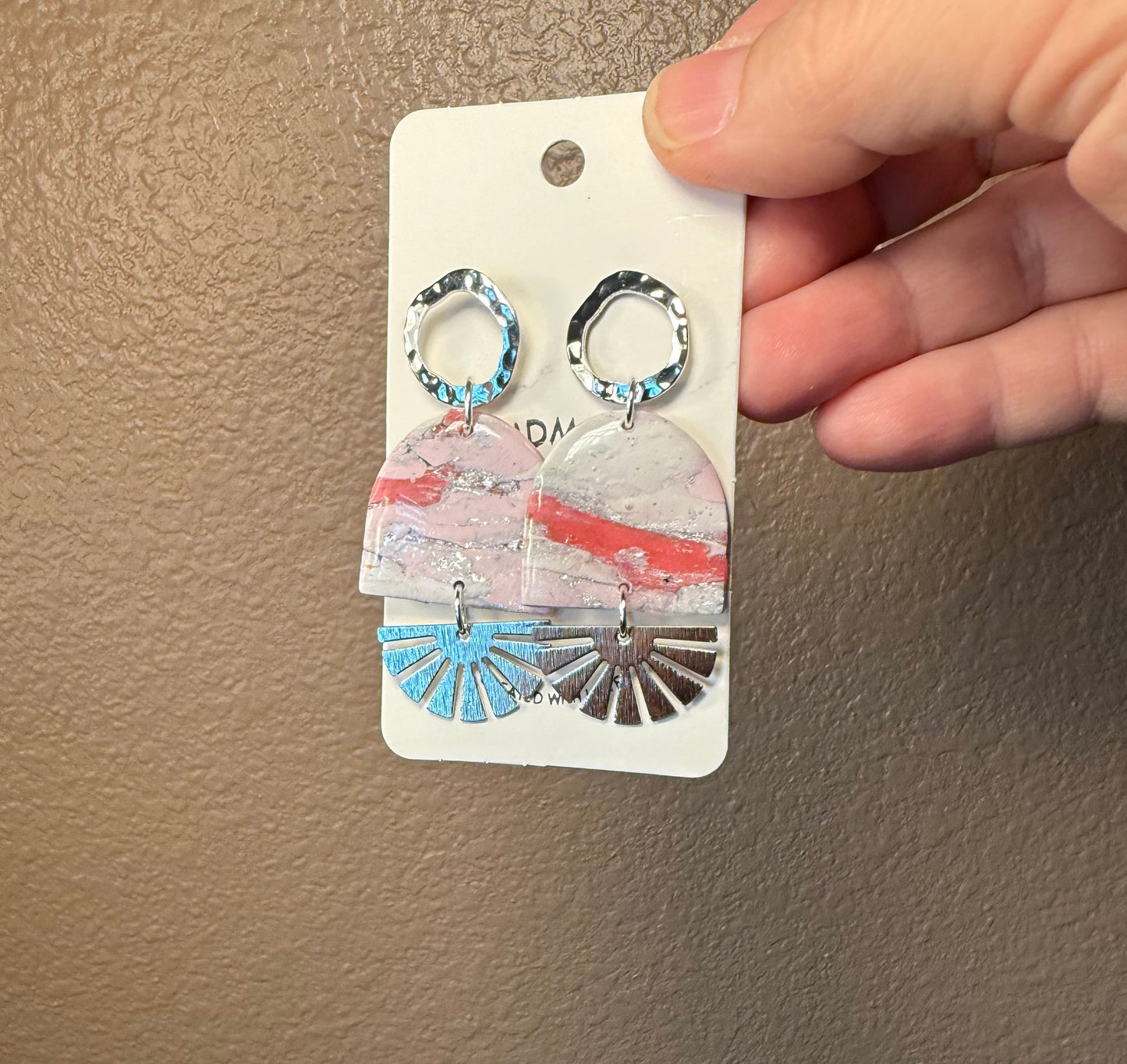 Pink marble bold Clay Dangle Earrings: Silver fan Accents,  Handmade Statement Jewelry