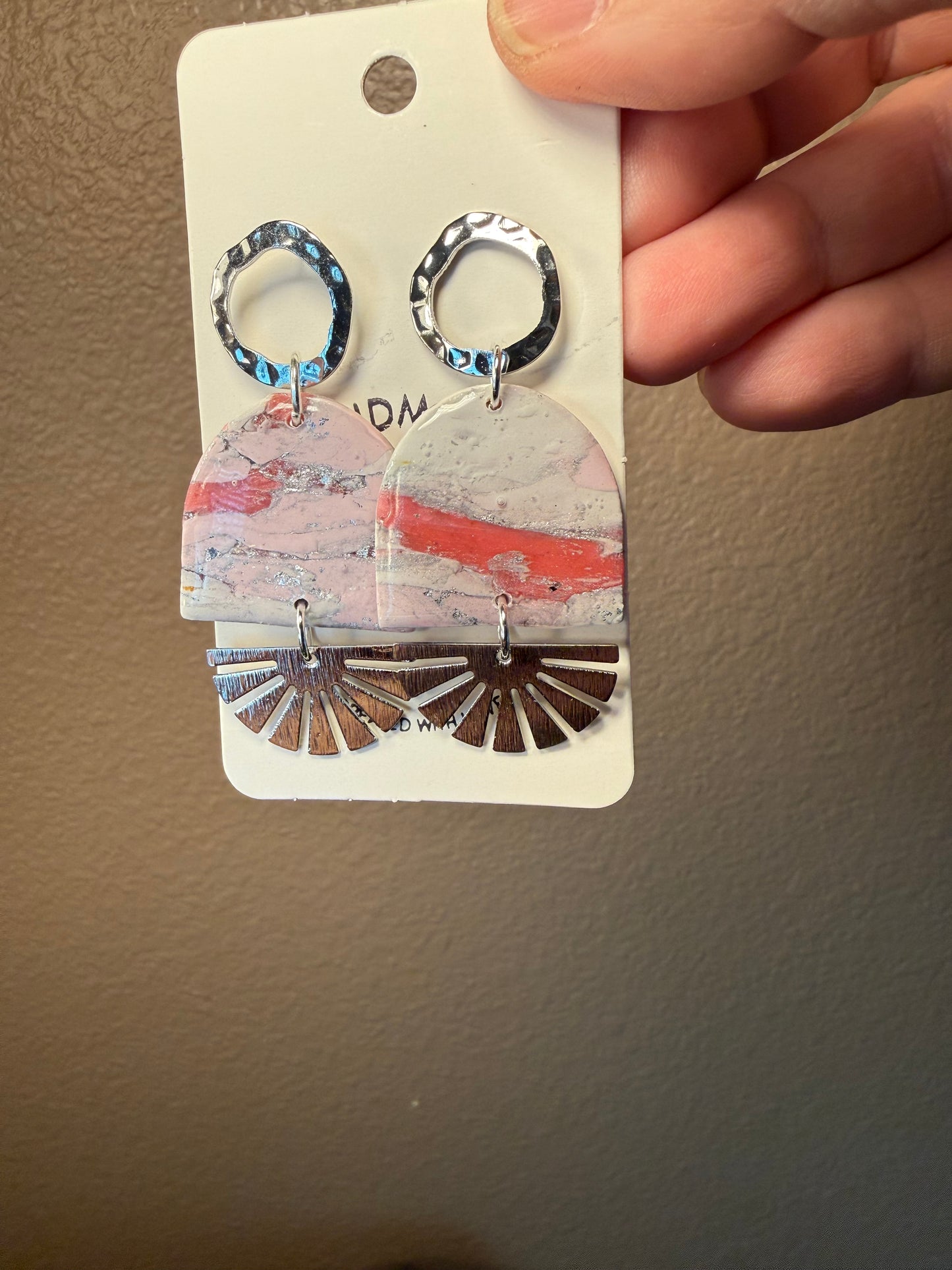 Pink marble bold Clay Dangle Earrings: Silver fan Accents,  Handmade Statement Jewelry