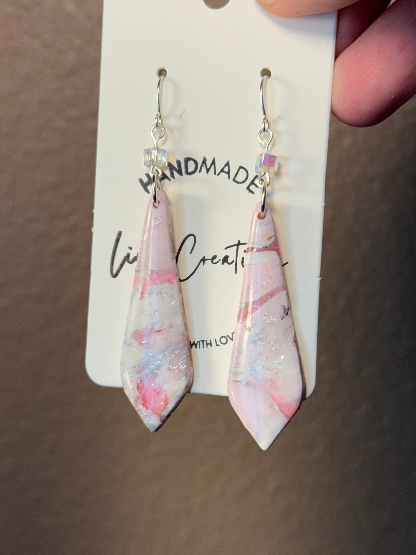Pink marble long dangle Clay Dangle Earrings: Silver Accents,  crystal bead accent Handmade Statement Jewelry