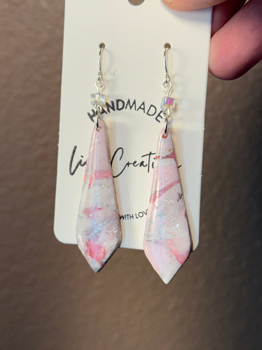 Pink marble long dangle Clay Dangle Earrings: Silver Accents,  crystal bead accent Handmade Statement Jewelry