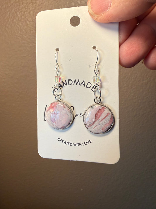 Pink marble small petite Clay Dangle Earrings: Silver Accents, Handmade Statement Jewelry
