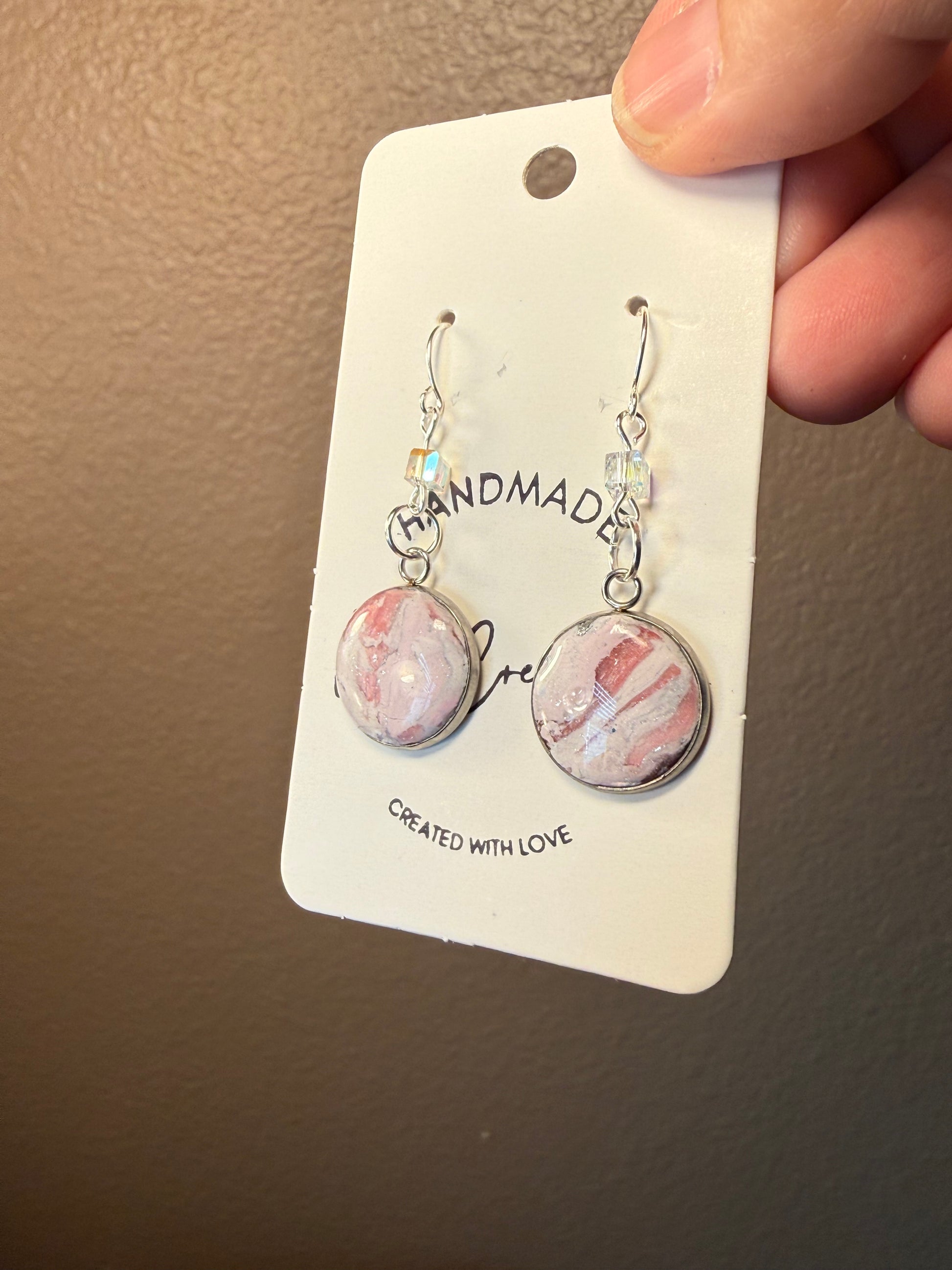 Pink marble small petite Clay Dangle Earrings: Silver Accents, Handmade Statement Jewelry