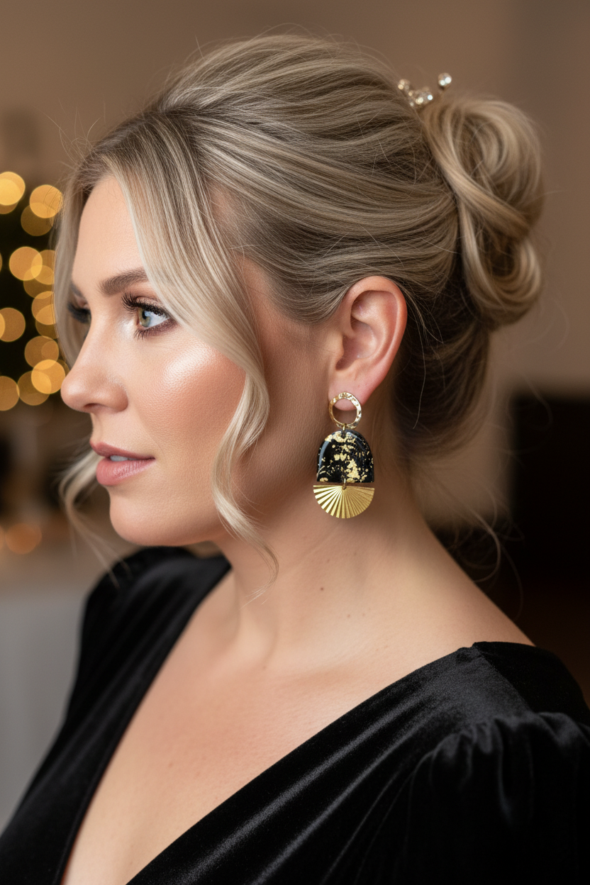 Black gold party Dangle Earrings: Handmade clay holiday The Savannah