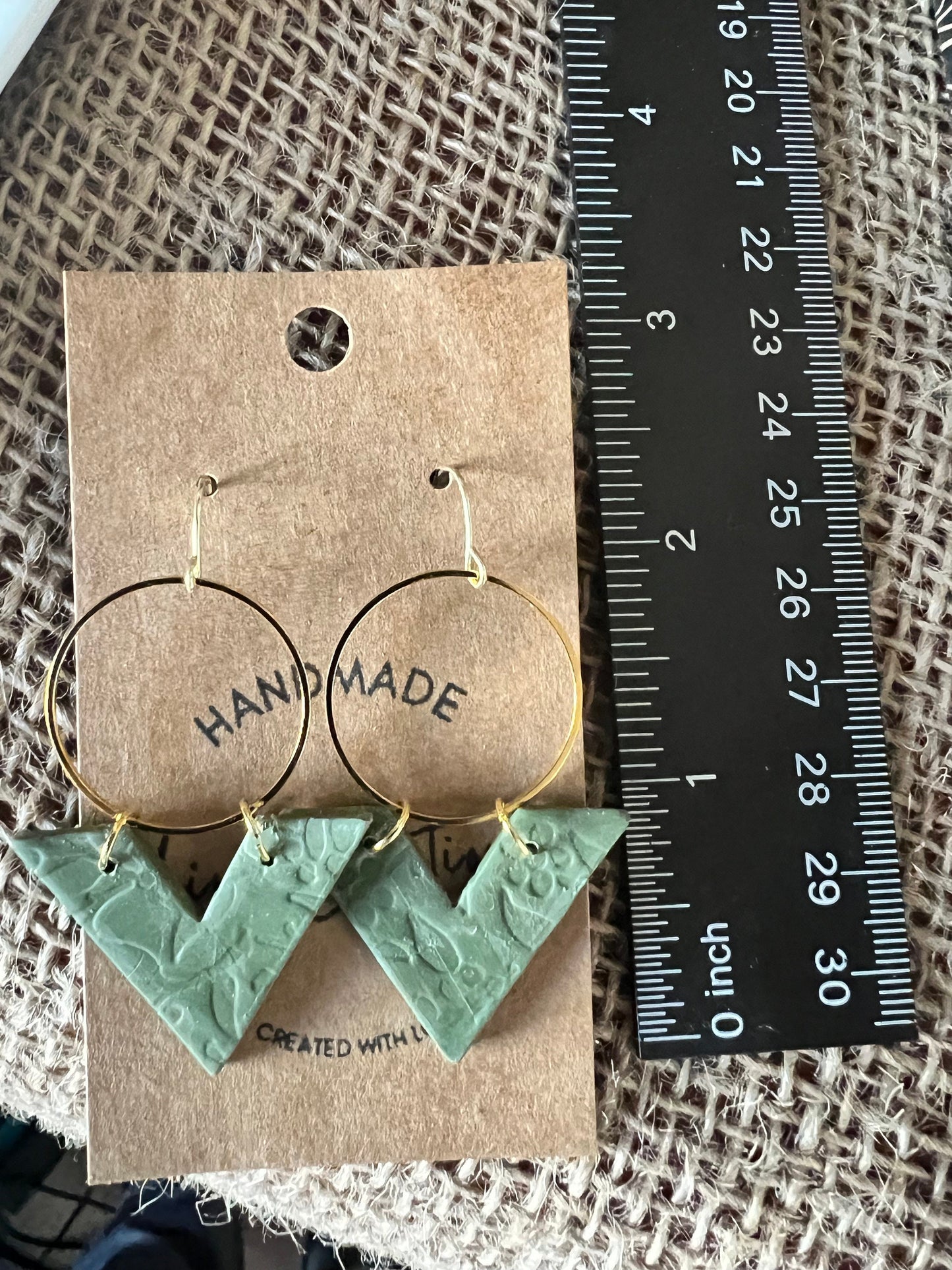 Olive green lightweight textured clay earrings handmade modern angle gold circle The Arrow